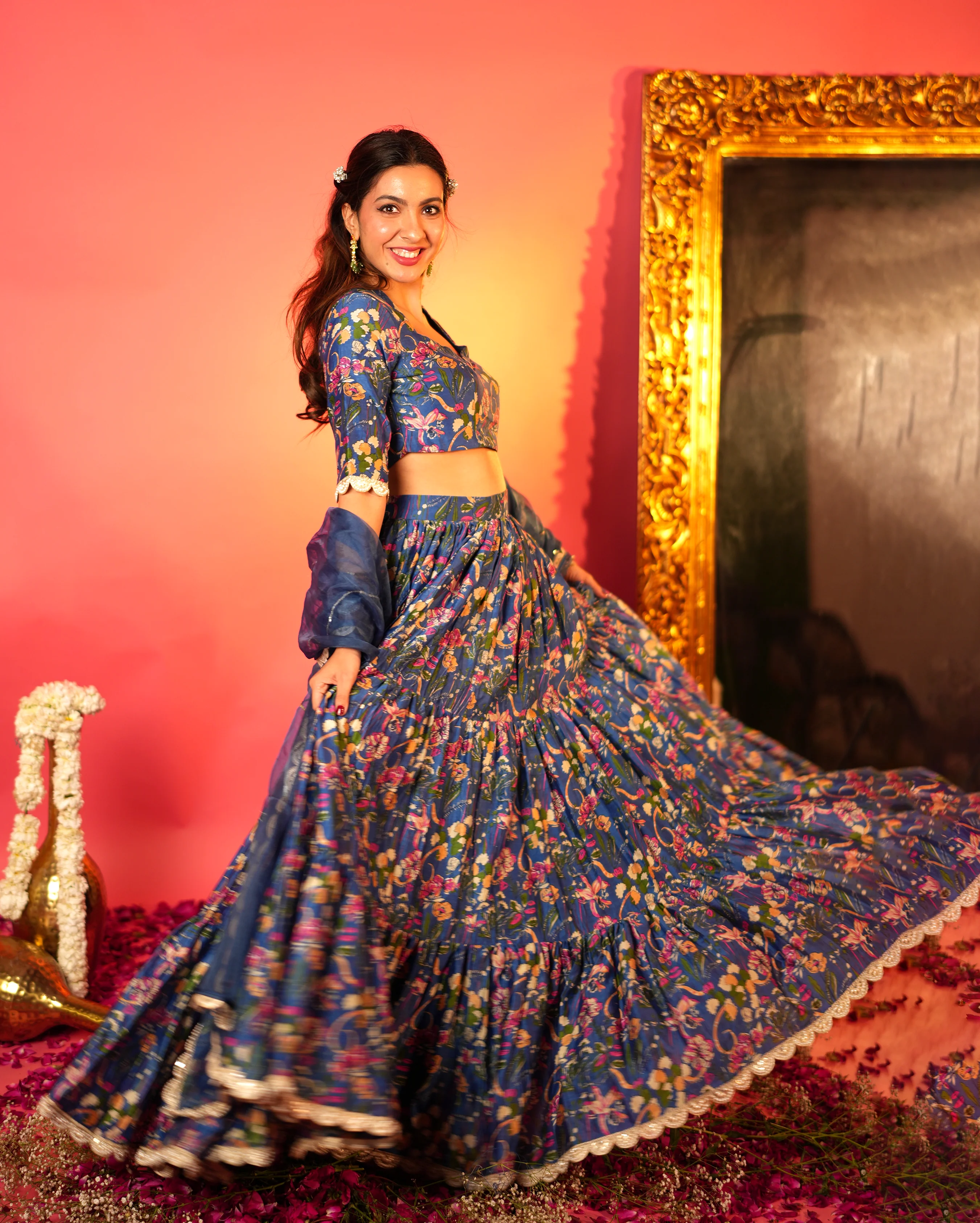 Neelam Blue Printed Chanderi Lehenga Set - Image 2