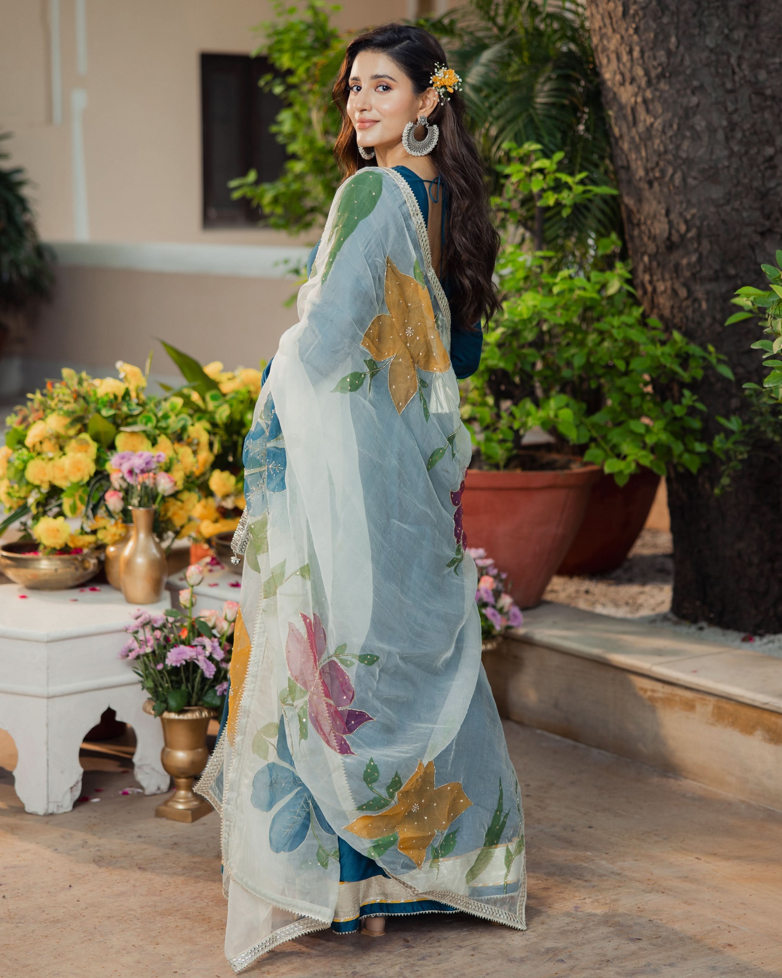 Neelkamal Teal Blue Handpainted Chanderi Suit Set - Image 5