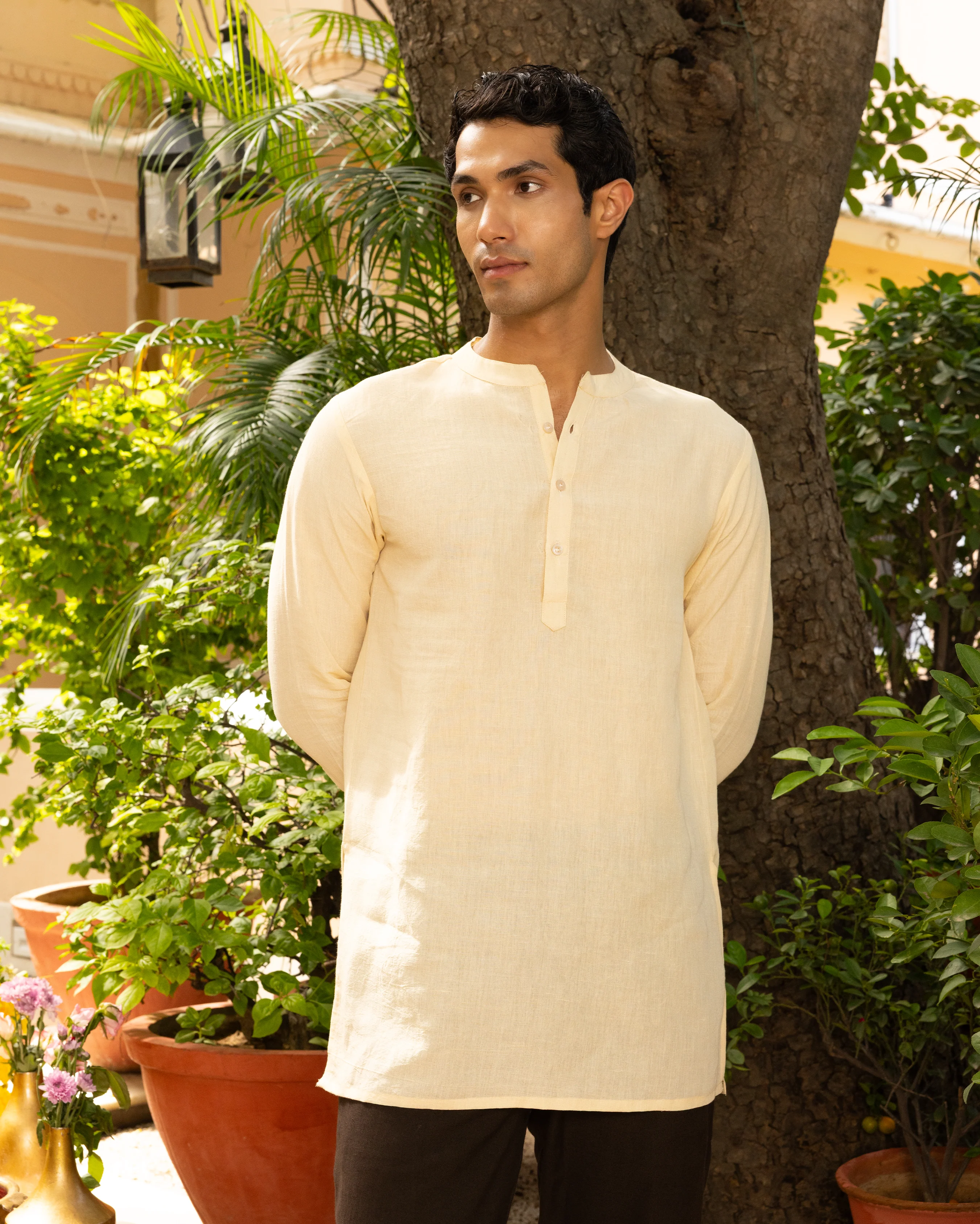 Neerav Cream Solid Linen Kurta - Image 2