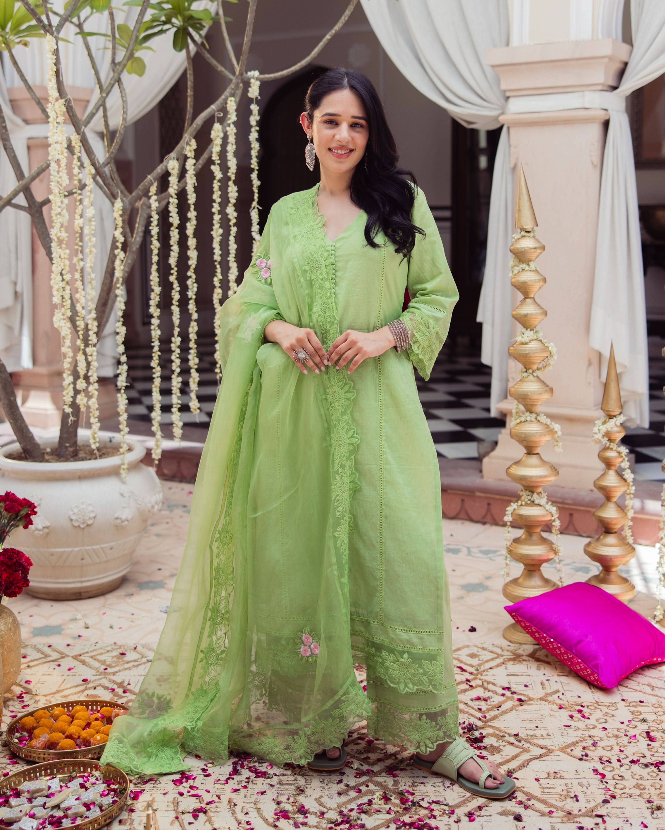 Neo Green Embroidered Chanderi Suit Set - Image 2