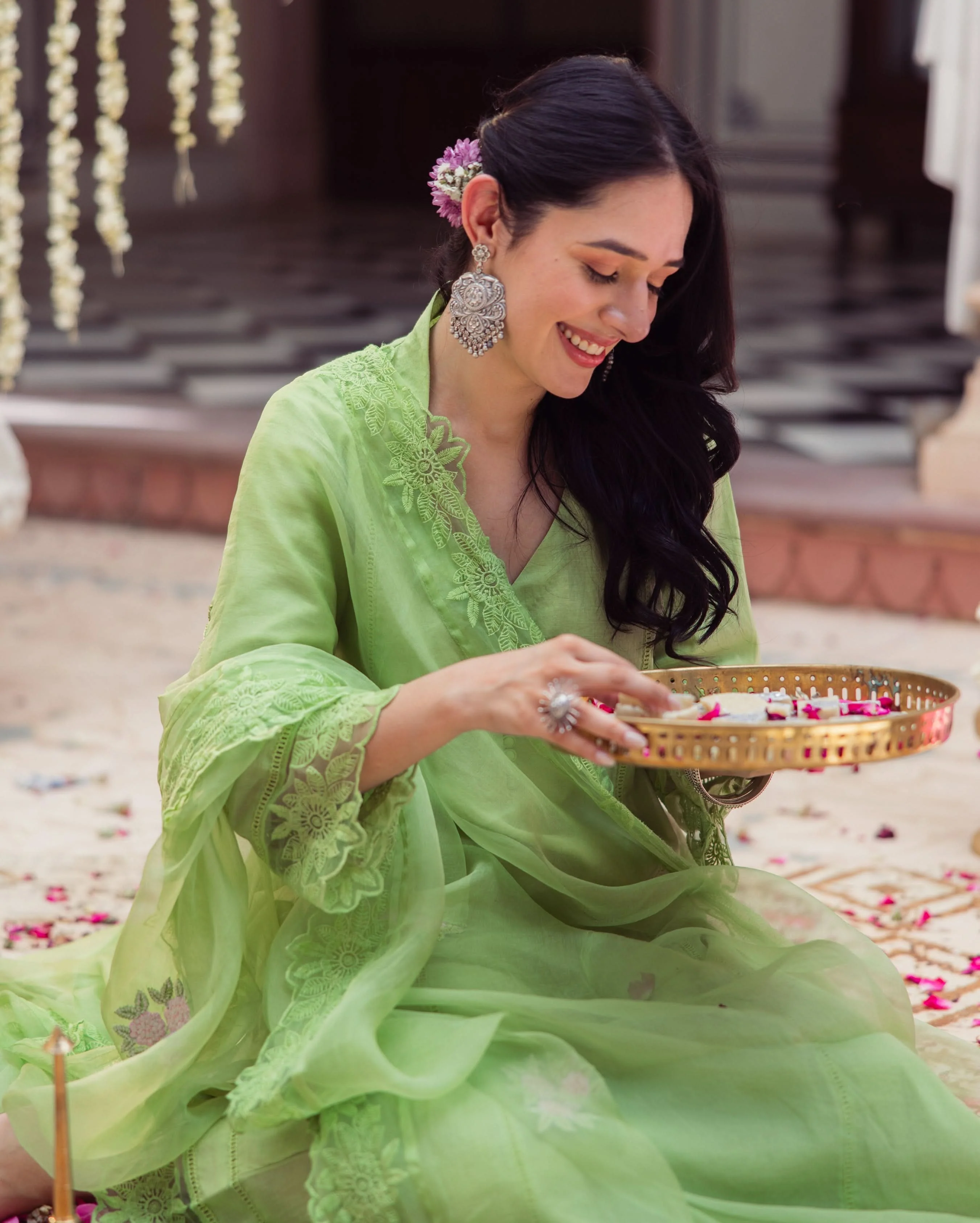 Neo Green Embroidered Chanderi Suit Set - Image 6