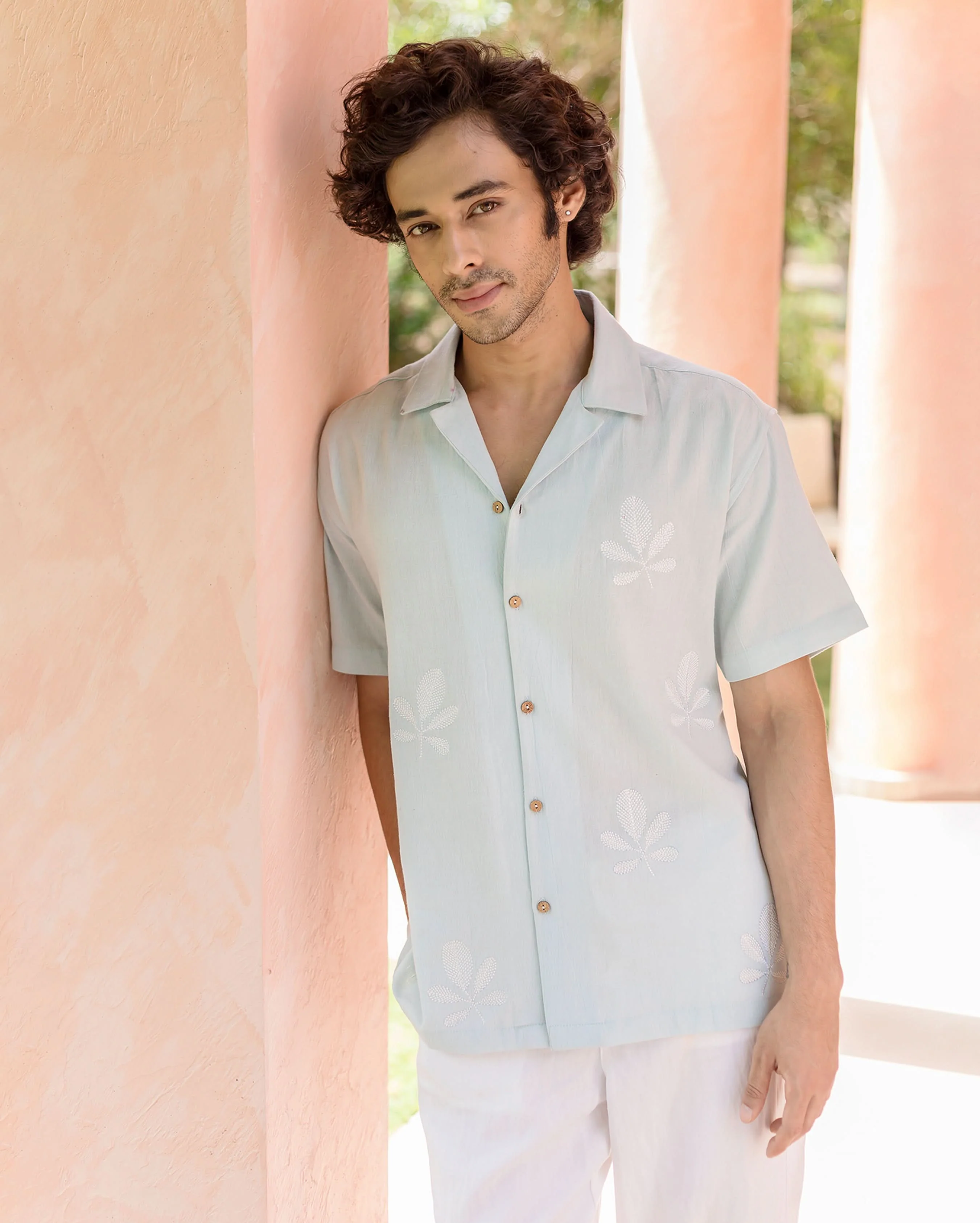 Niko Pastel Blue Embroidered Slub Shirt - Image 4