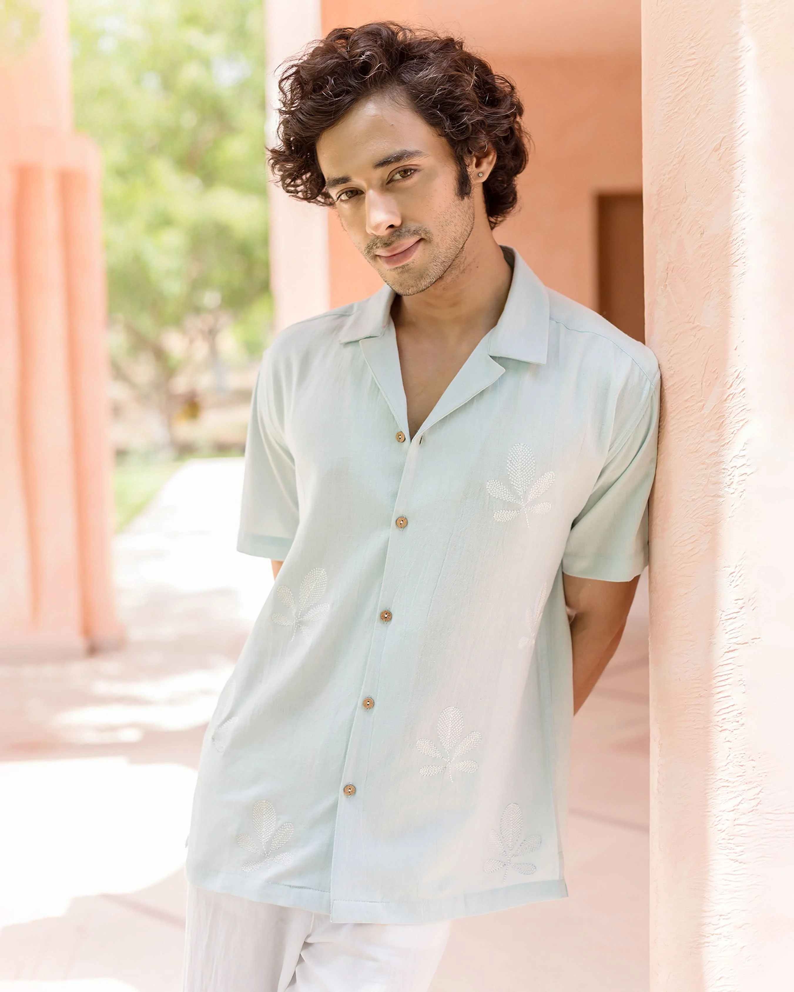 Niko Pastel Blue Embroidered Slub Shirt - Image 5