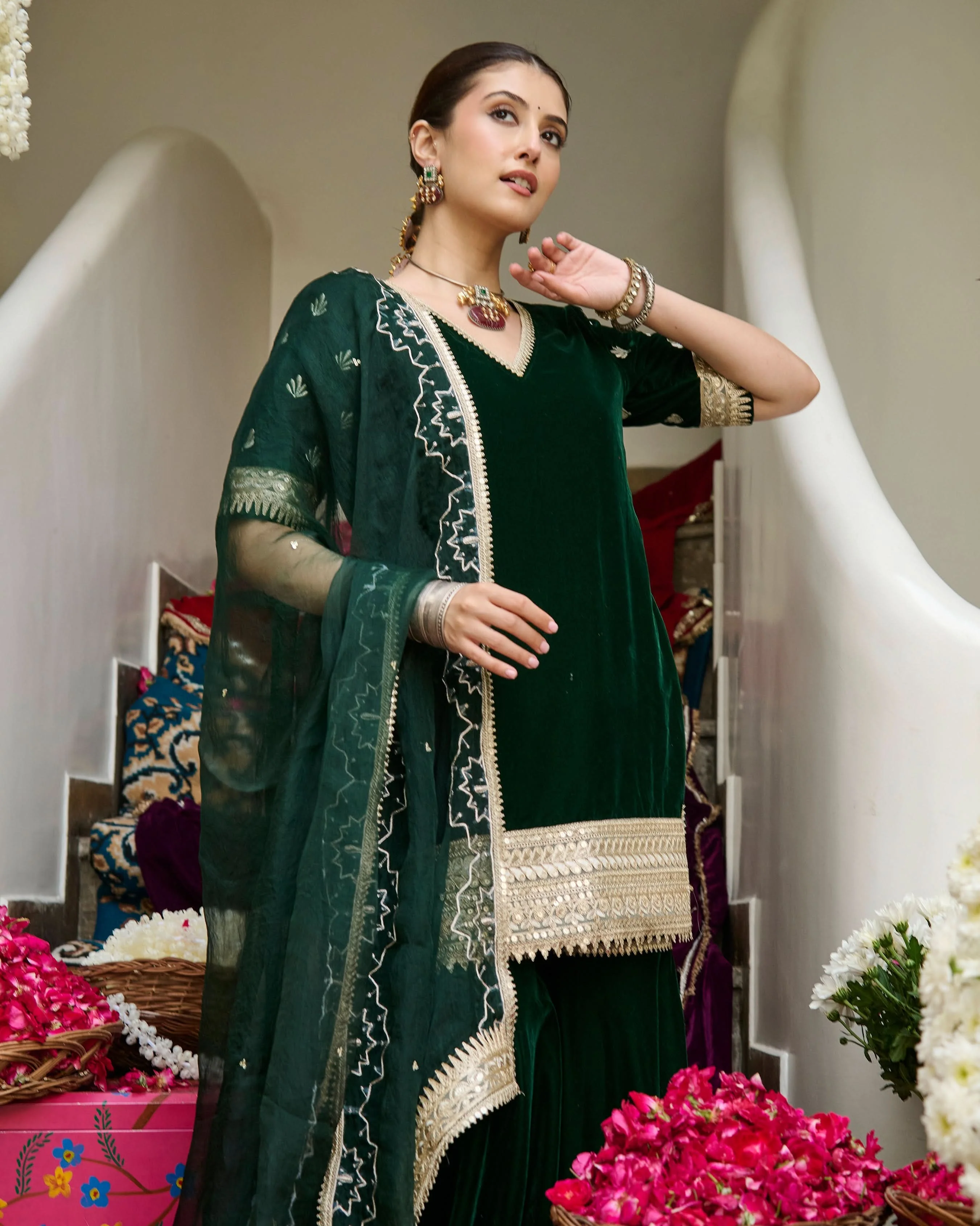 Nila Green Embroidered Velvet Sharara Set - Image 5