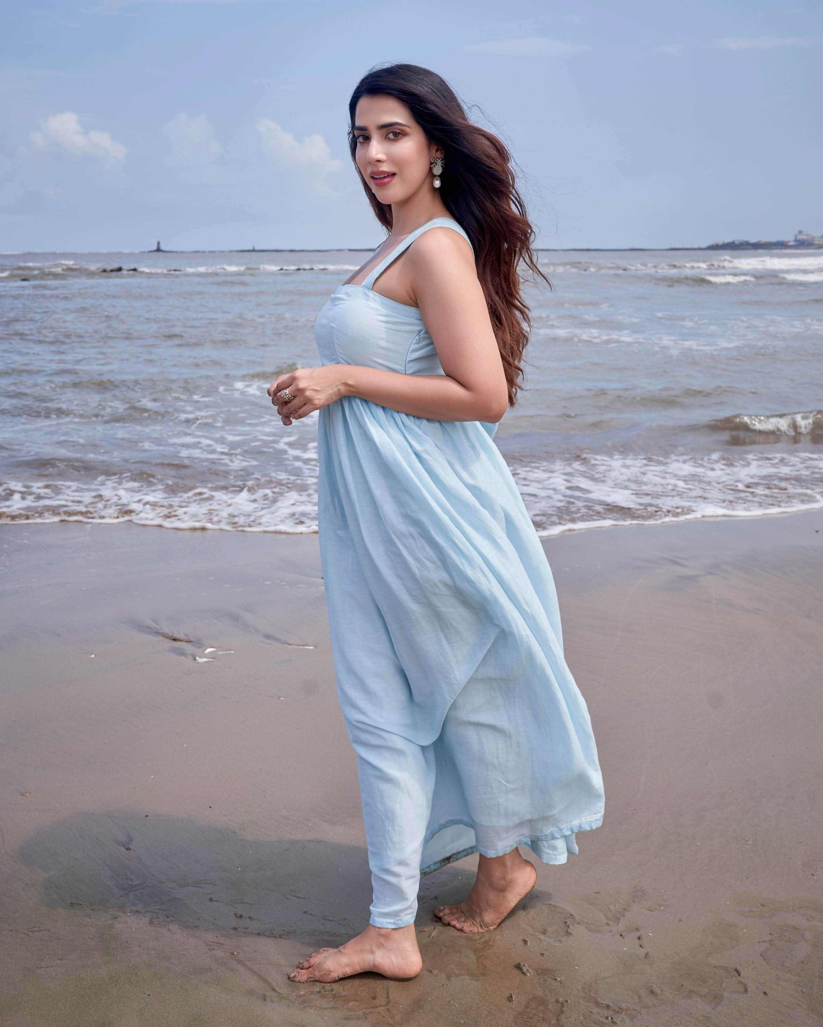 Nimbus Sky Blue Solid Linen Georgette Dress - Image 6