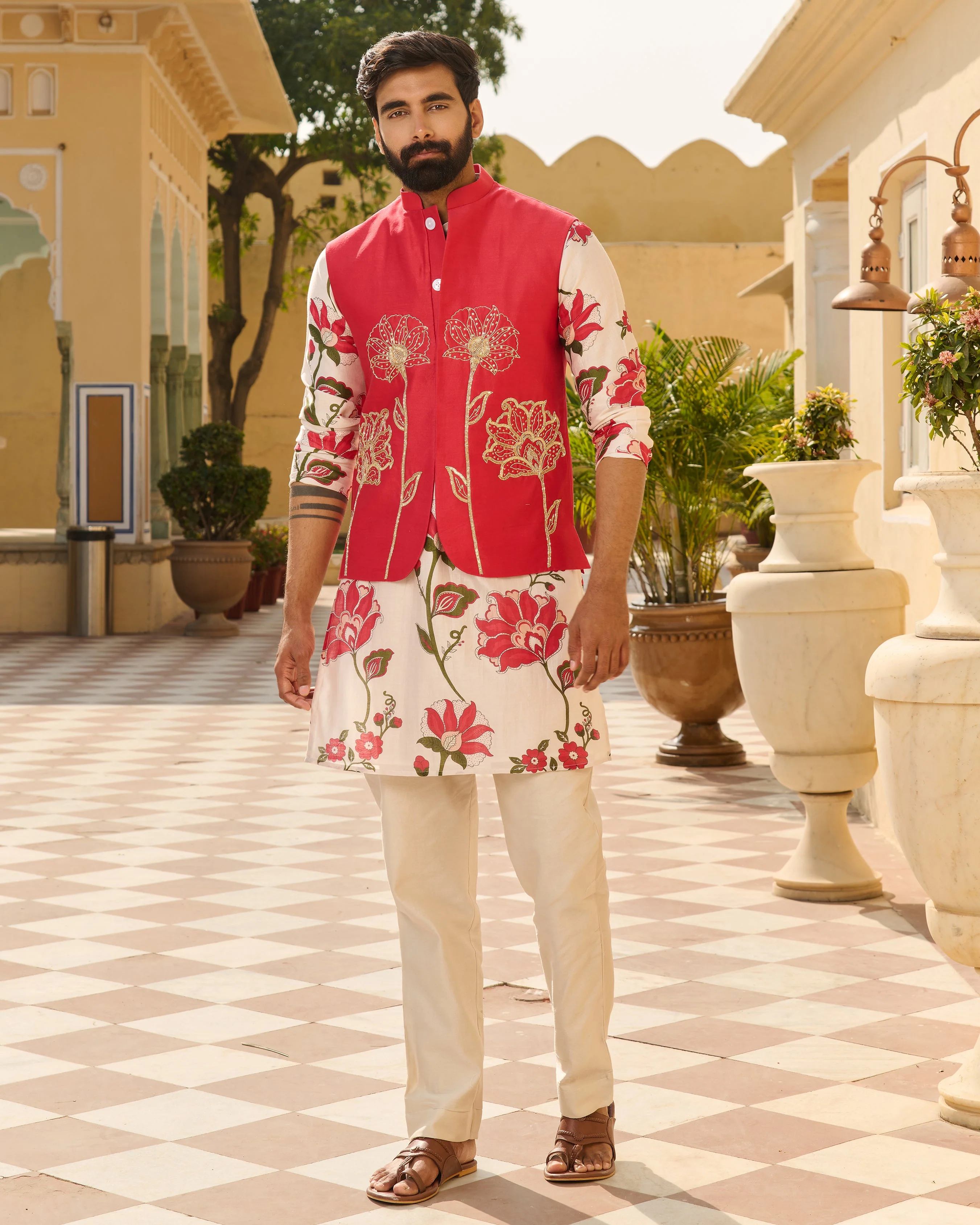 Nirav Pink Embroidered Chanderi Jacket And Printed Kurta Set - Image 2