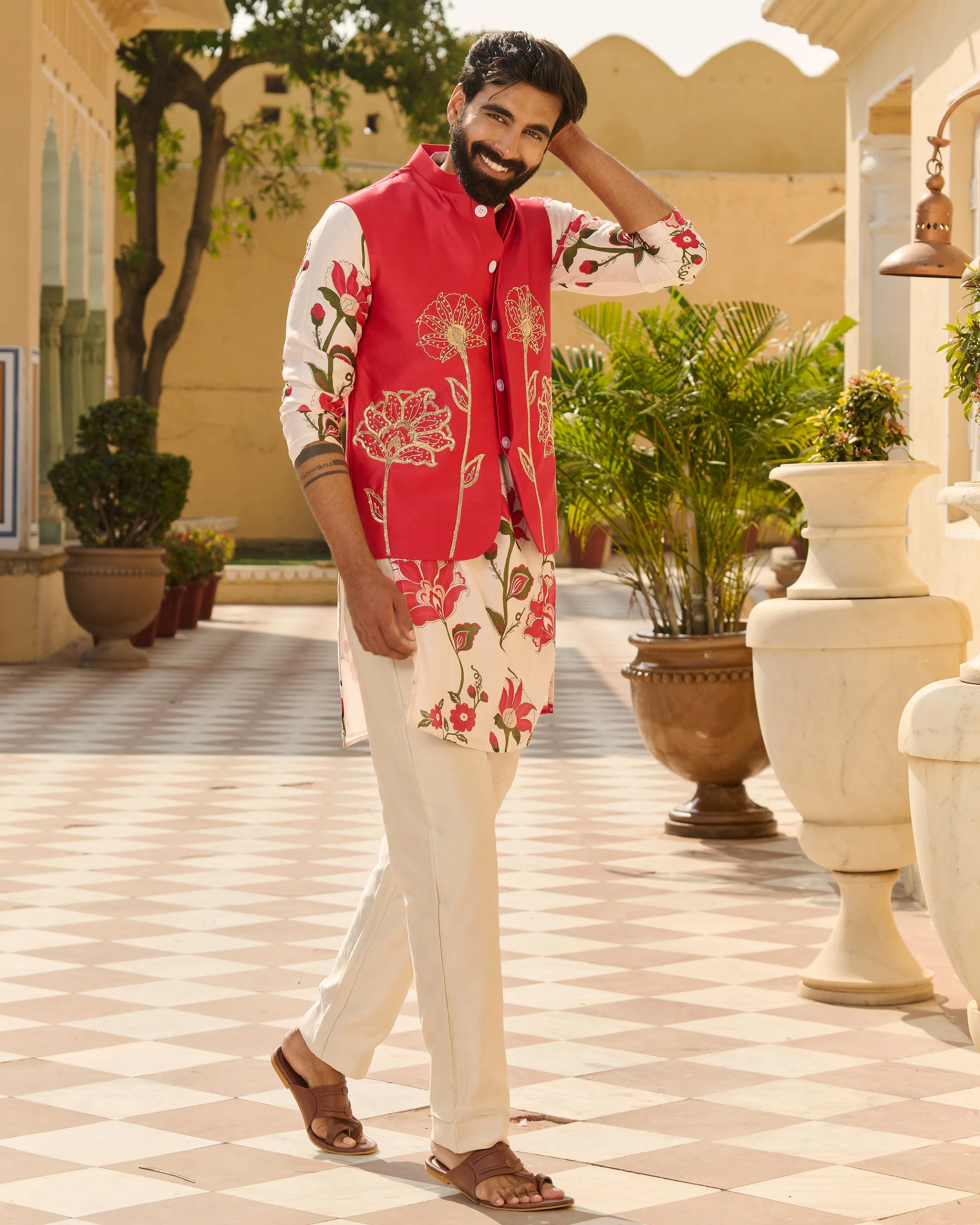 Nirav Pink Embroidered Chanderi Jacket And Printed Kurta Set - Image 4