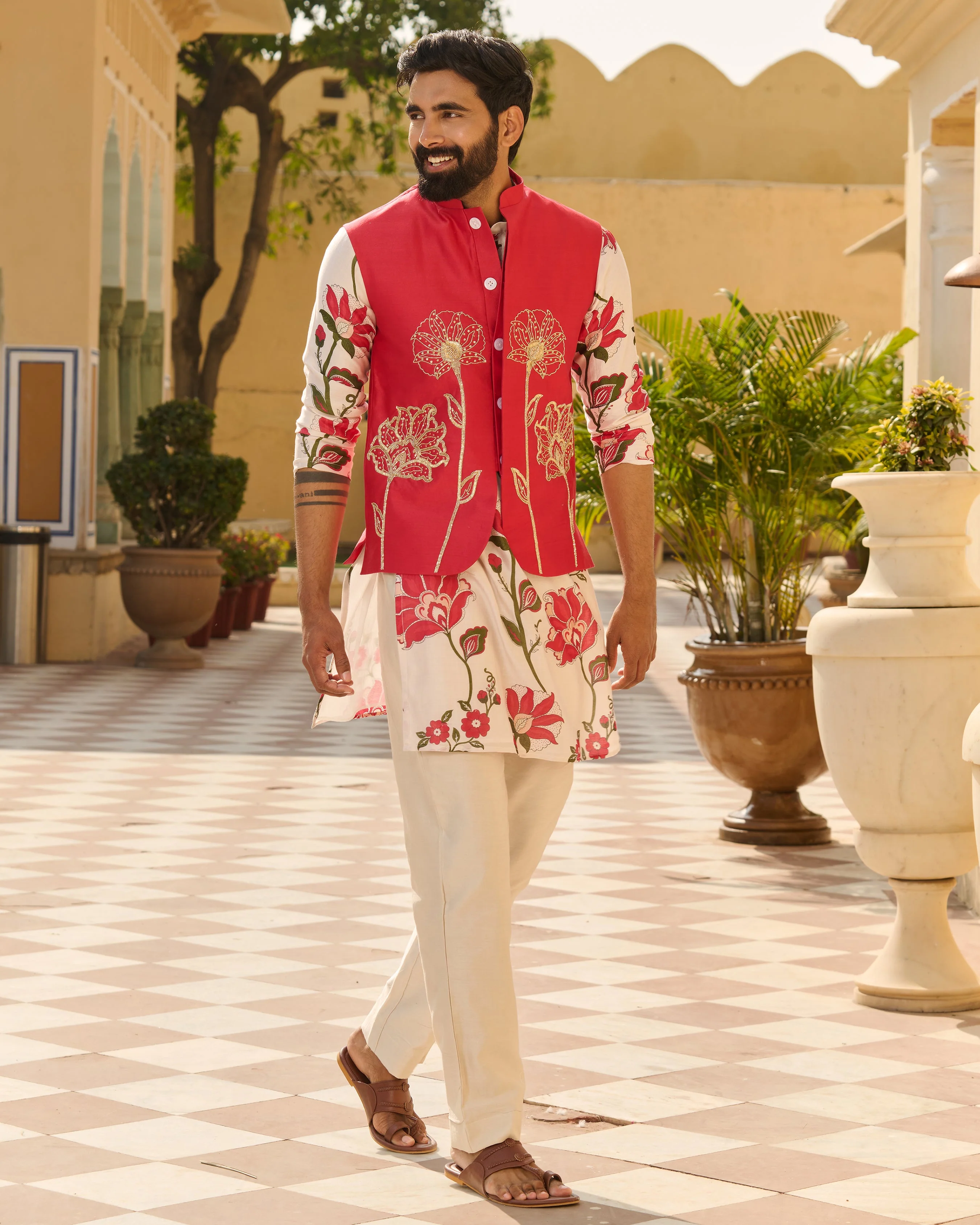Nirav Pink Embroidered Chanderi Jacket And Printed Kurta Set - Image 6