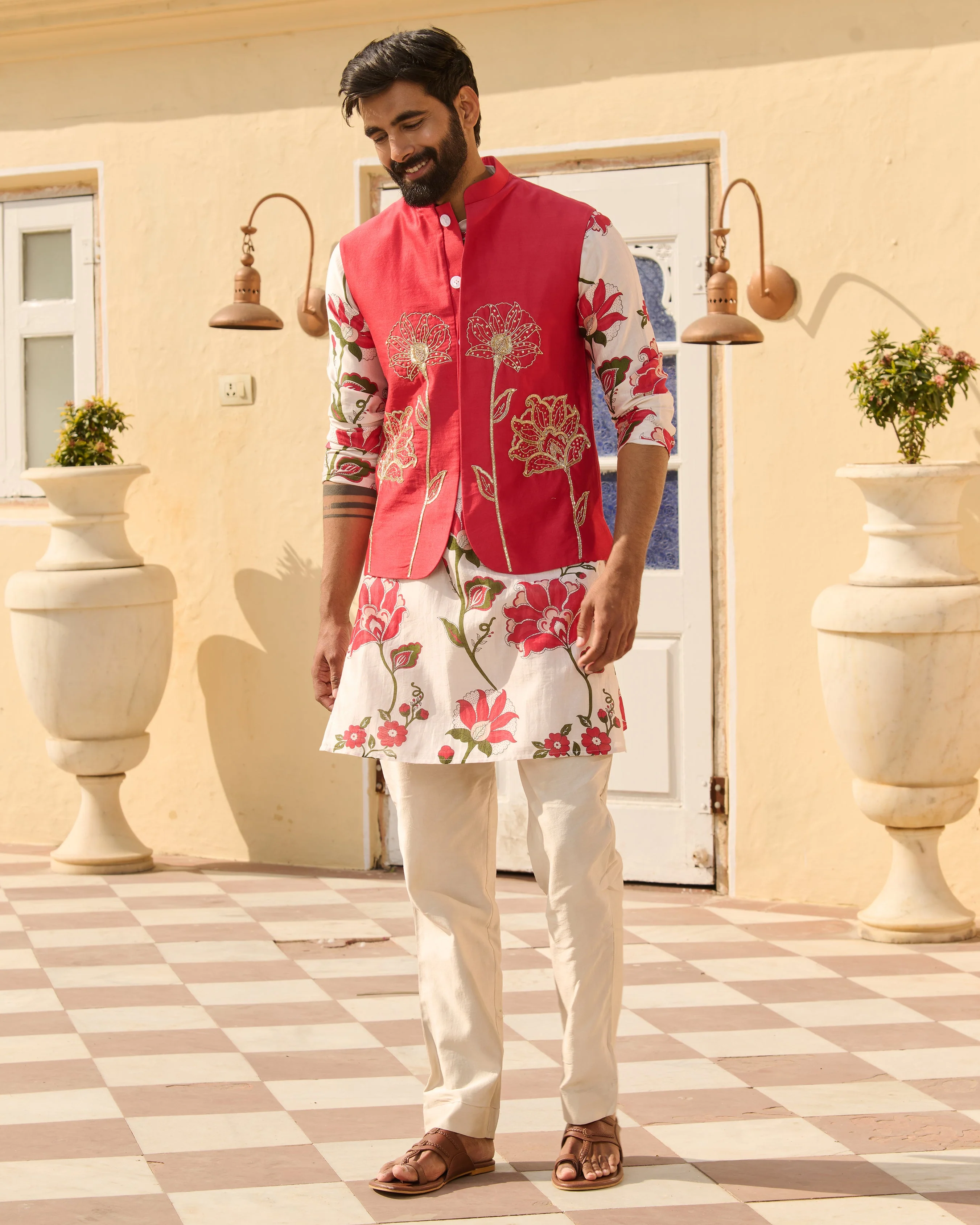 Nirav Pink Embroidered Chanderi Jacket And Printed Kurta Set - Image 7