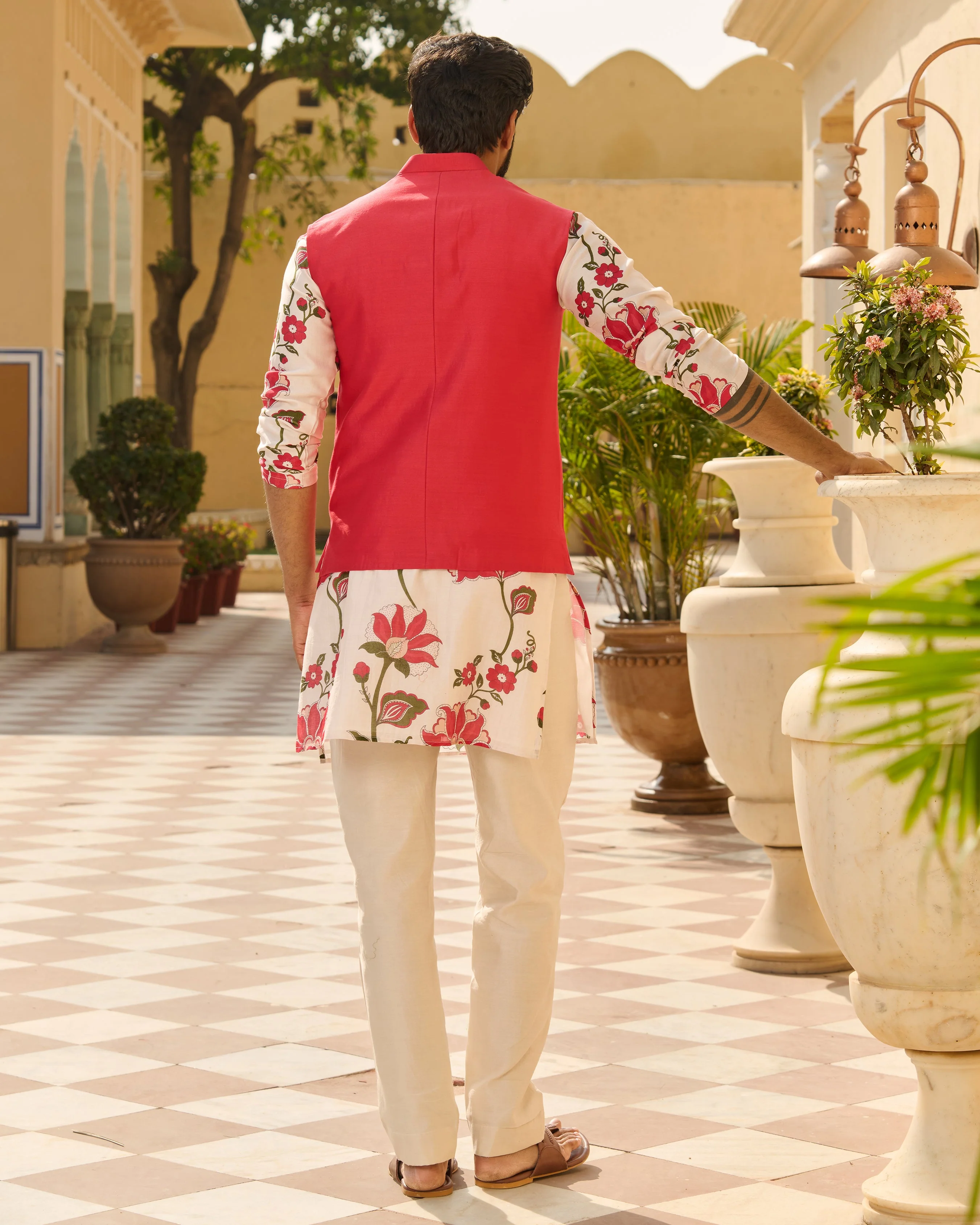 Nirav Pink Embroidered Chanderi Jacket And Printed Kurta Set - Image 8