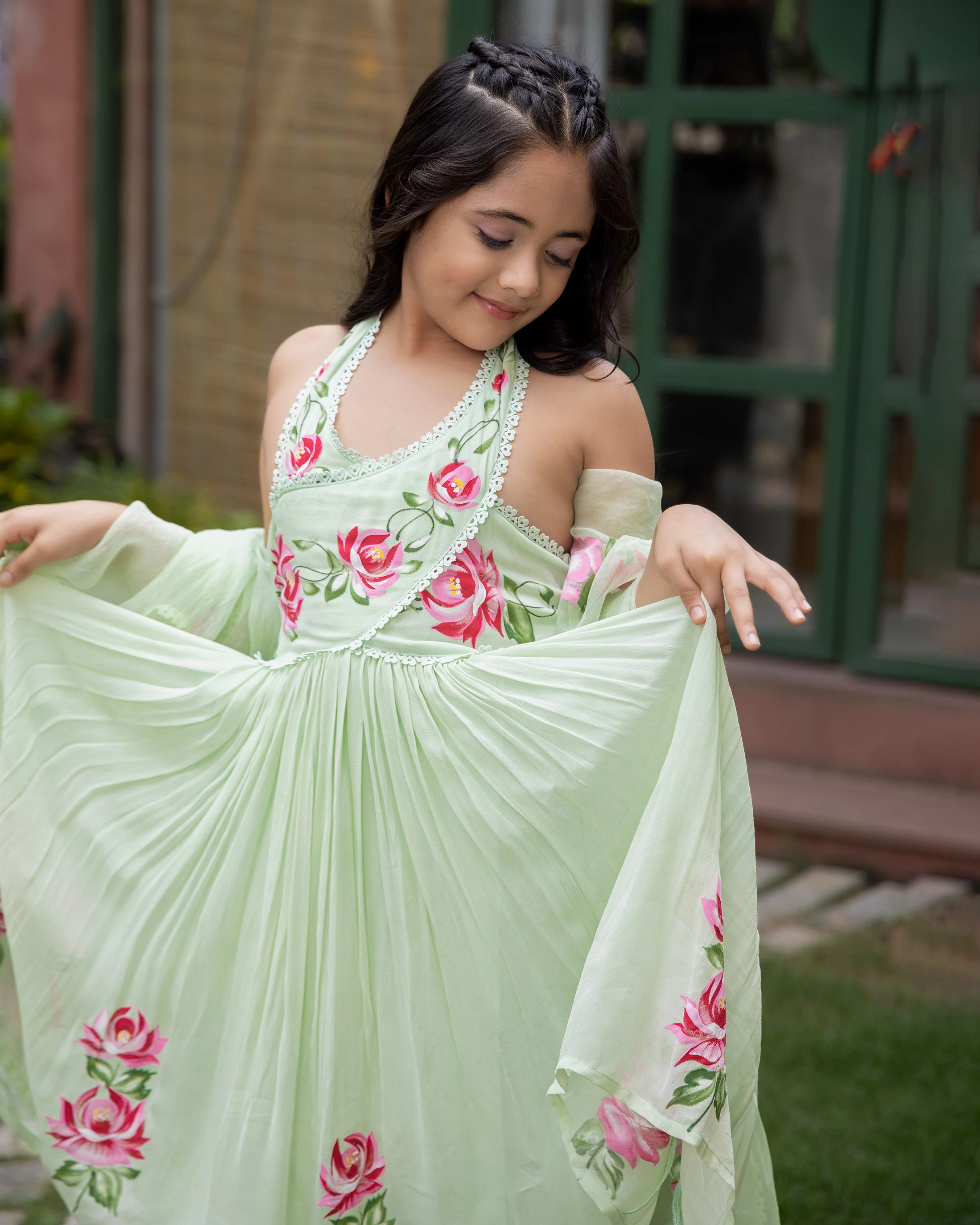 Nola Green Handpainted Georgette Suit Set - Image 2