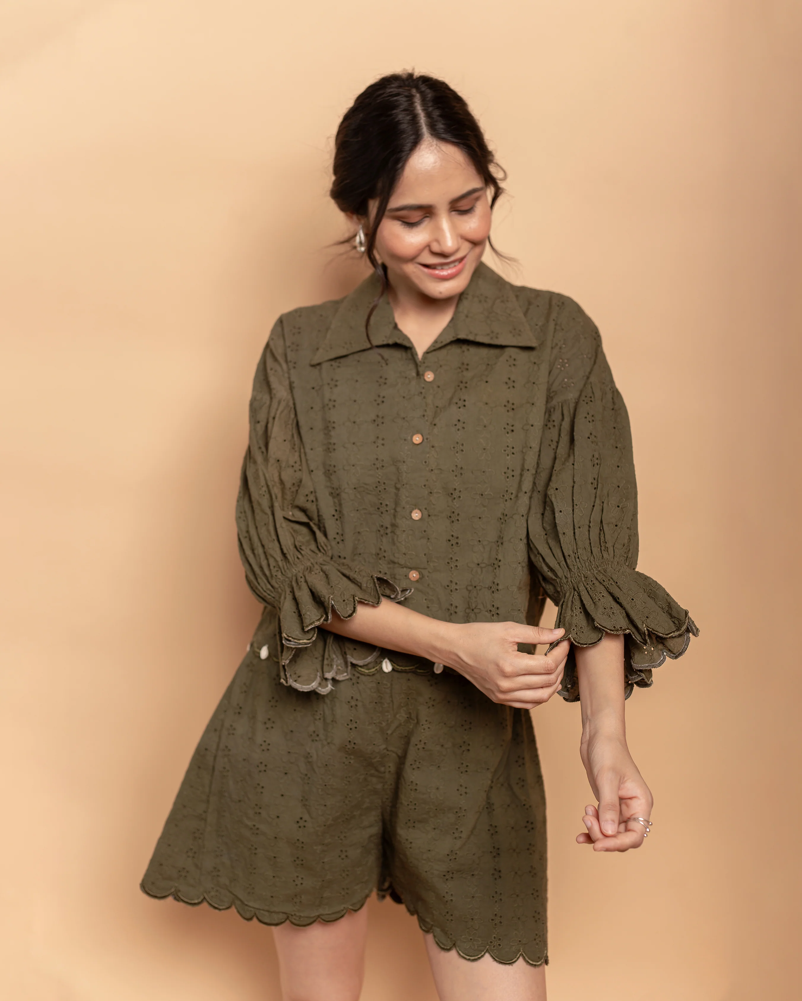Olive Muse Green Cotton Schiffli Coord Set - Image 2