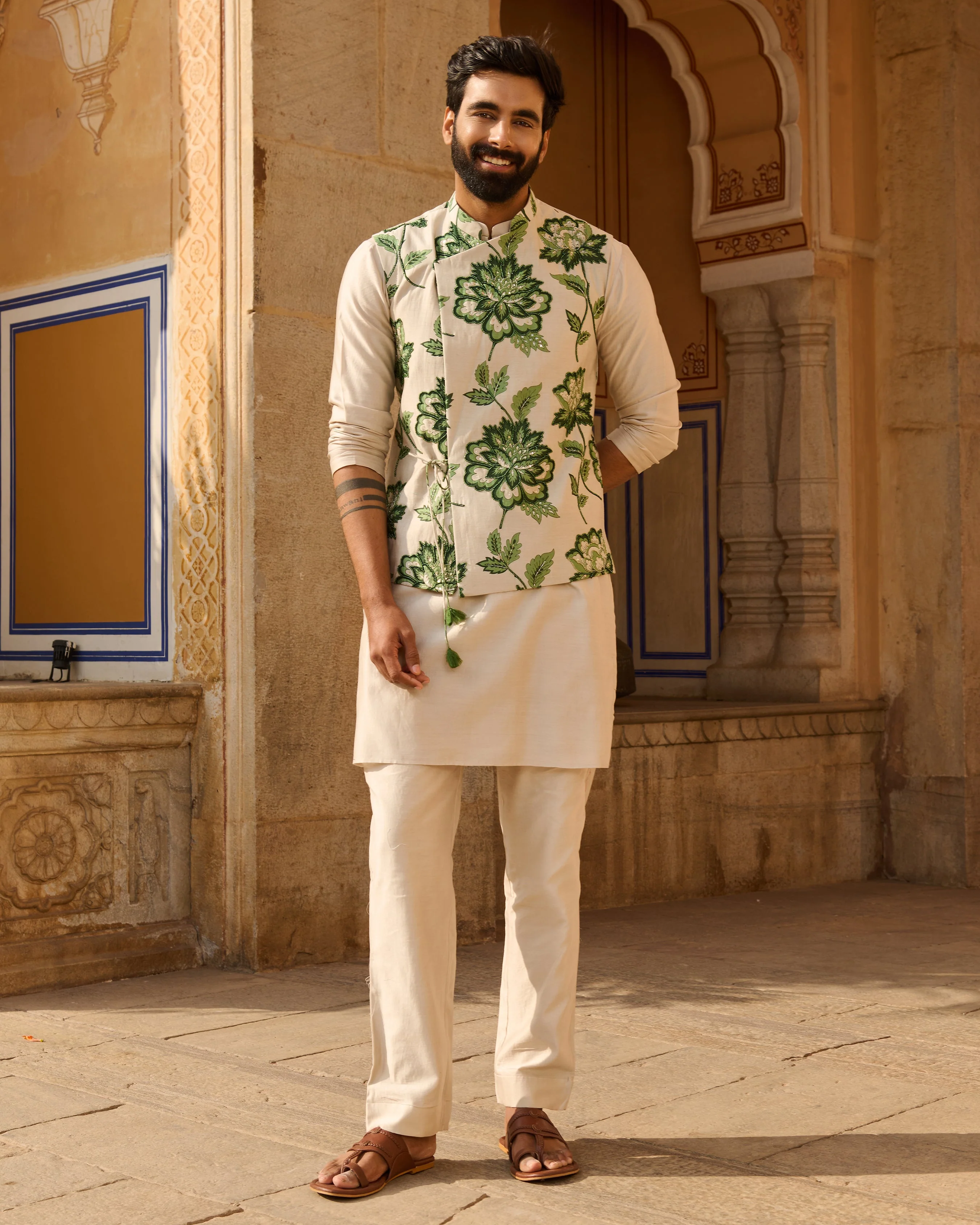 Omkar Grey Printed Chanderi Jacket And Kurta Set - Image 3