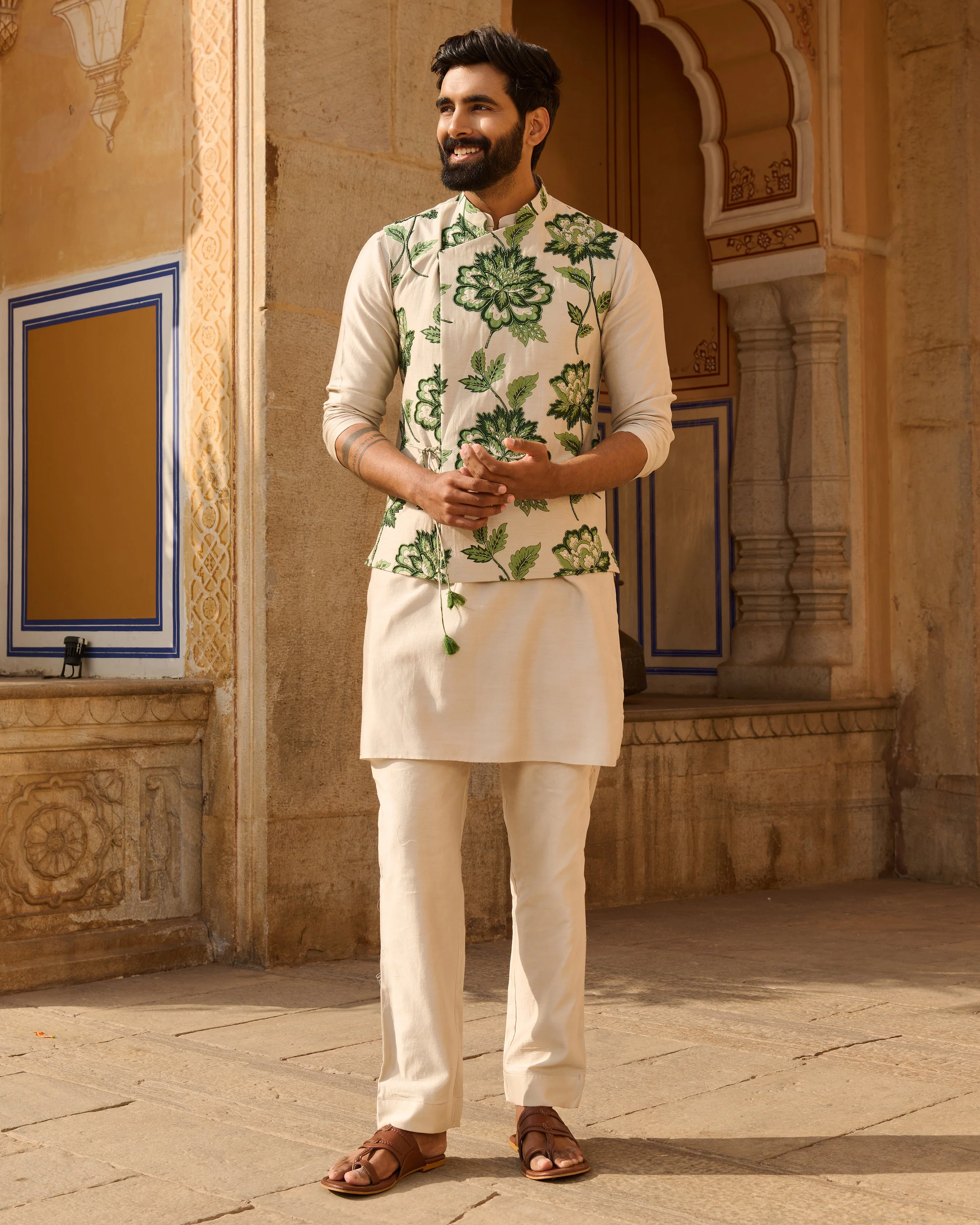 Omkar Grey Printed Chanderi Jacket And Kurta Set - Image 4