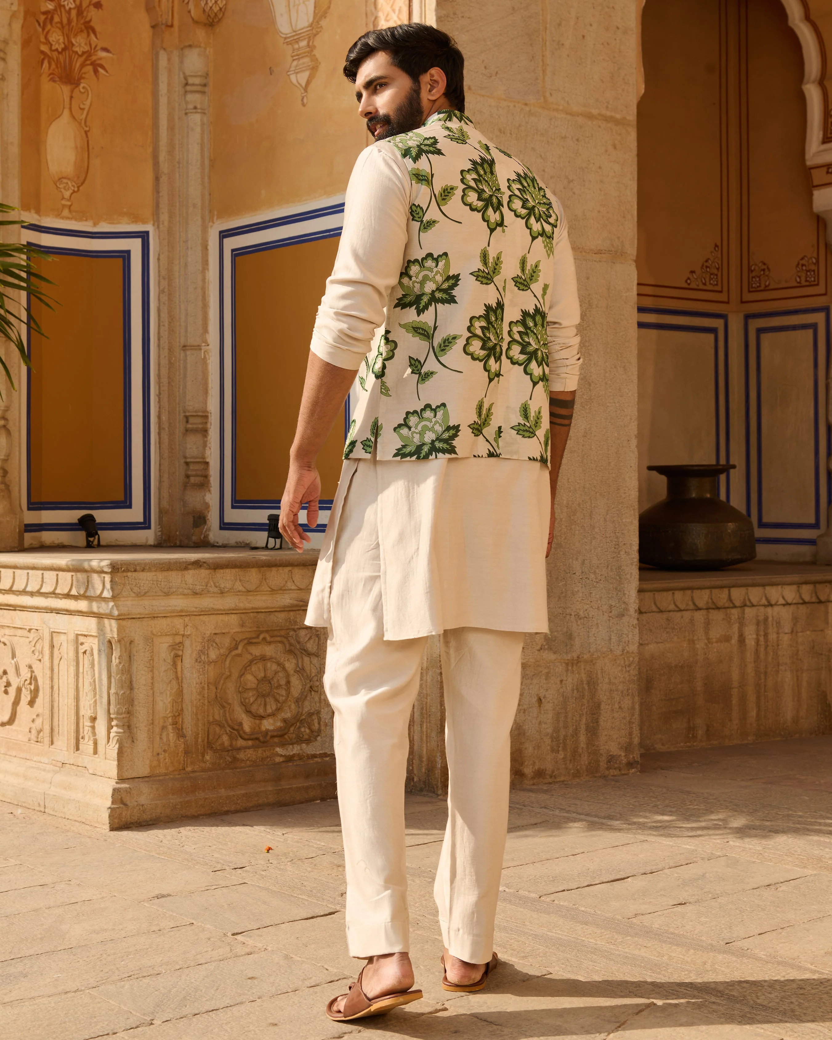 Omkar Grey Printed Chanderi Jacket And Kurta Set - Image 8