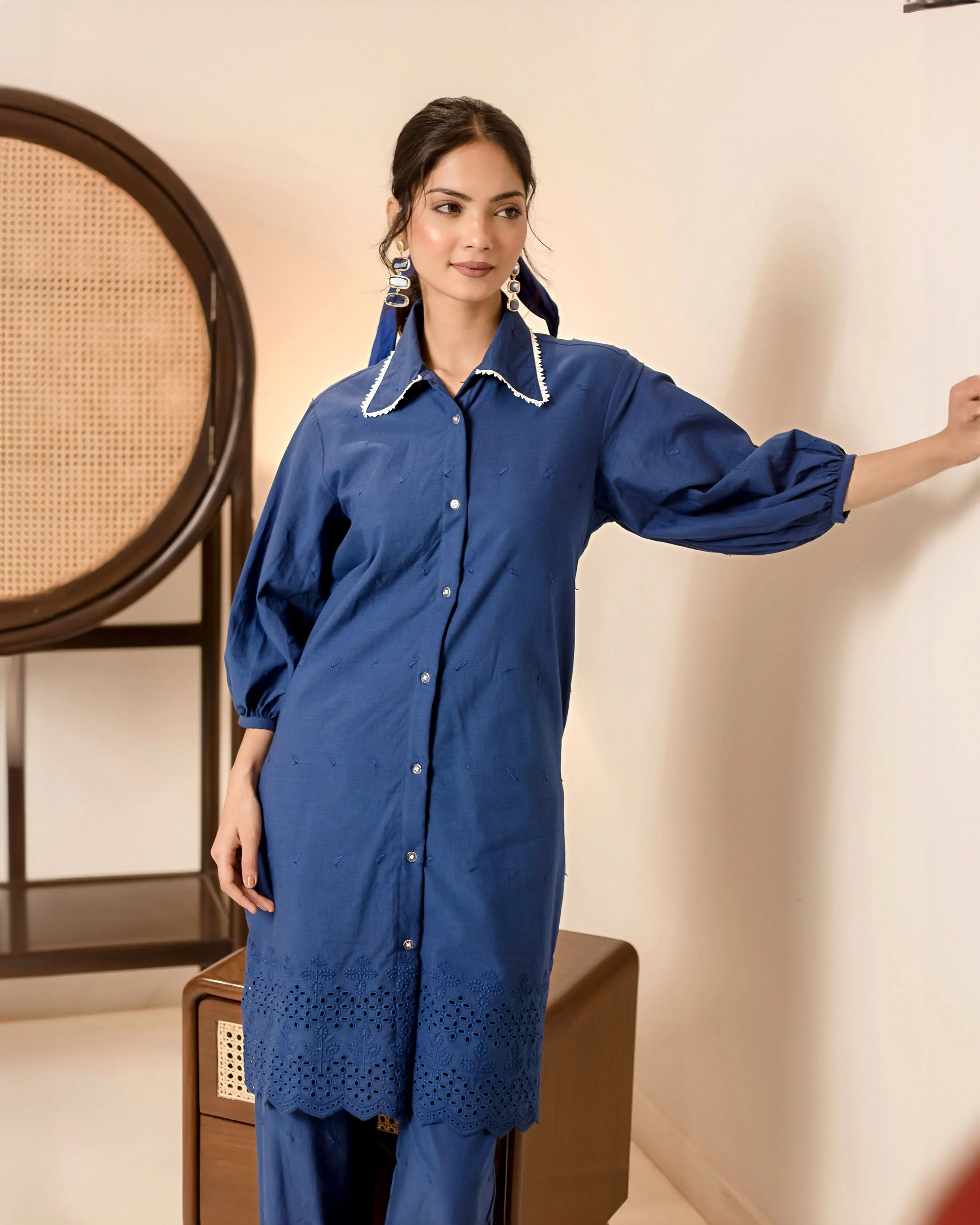 Pansy Blue Solid Cotton Schiffli Coord Set - Image 2