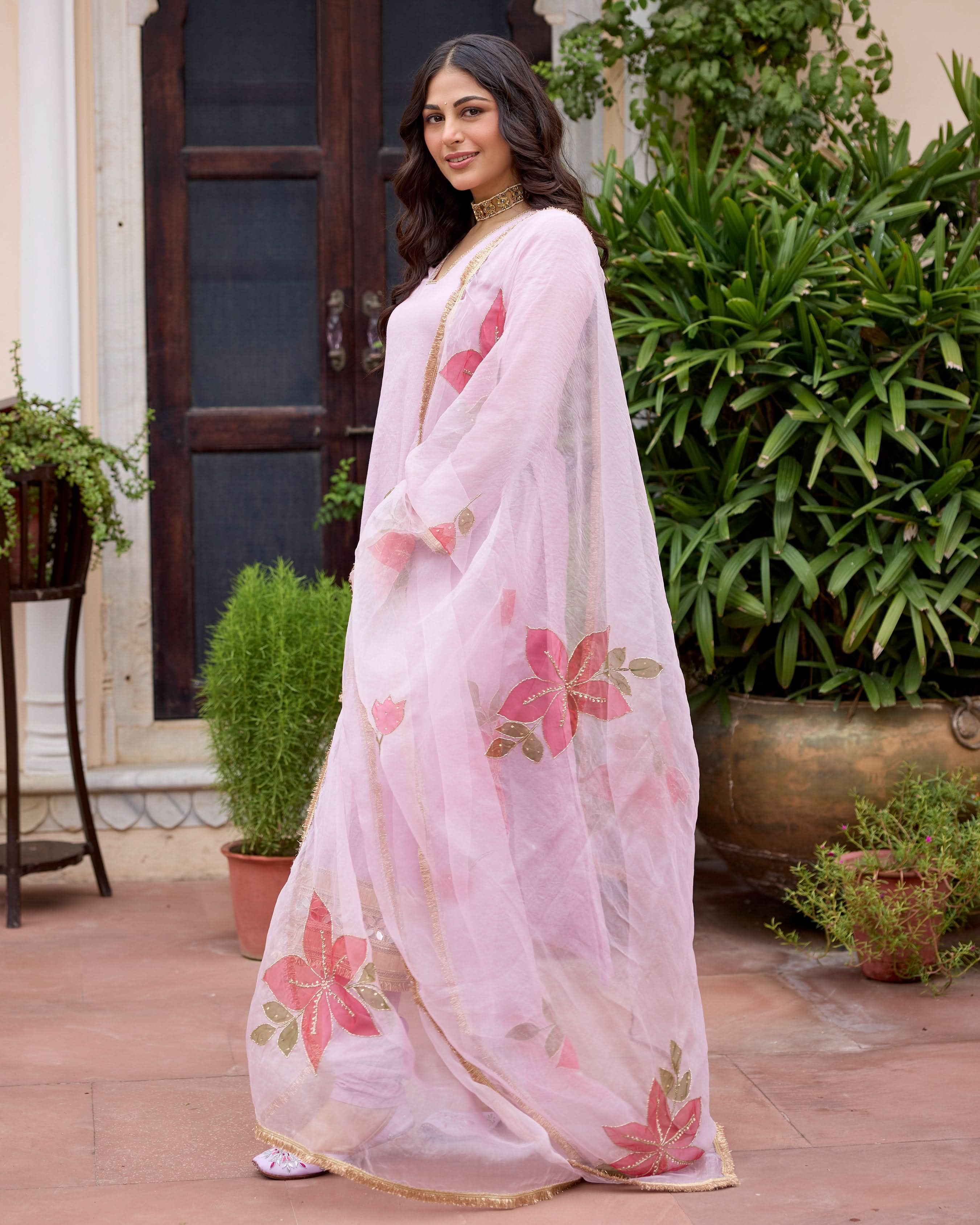 Parijat Lilac Handpainted Chanderi Suit Set - Image 3