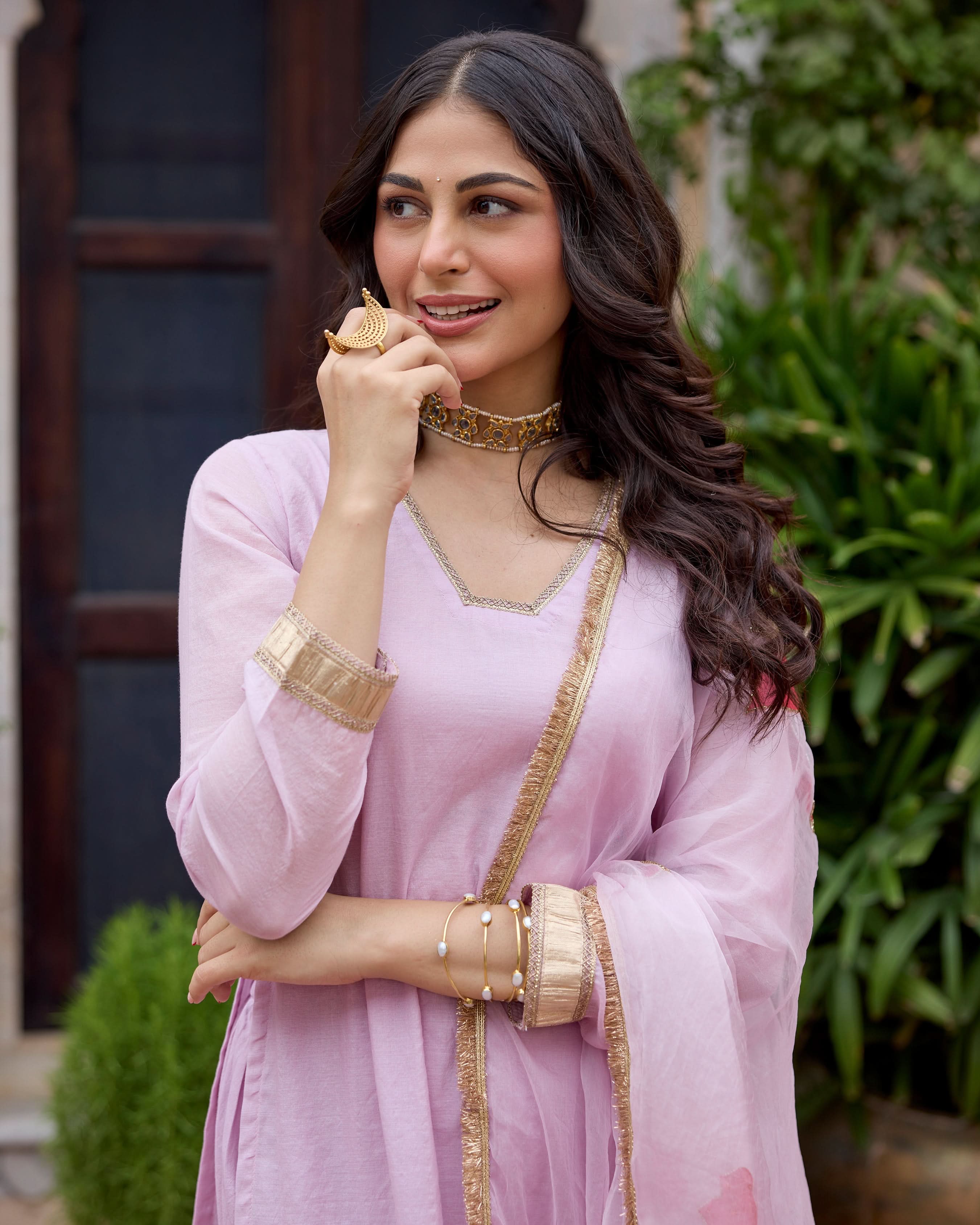Parijat Lilac Handpainted Chanderi Suit Set - Image 5