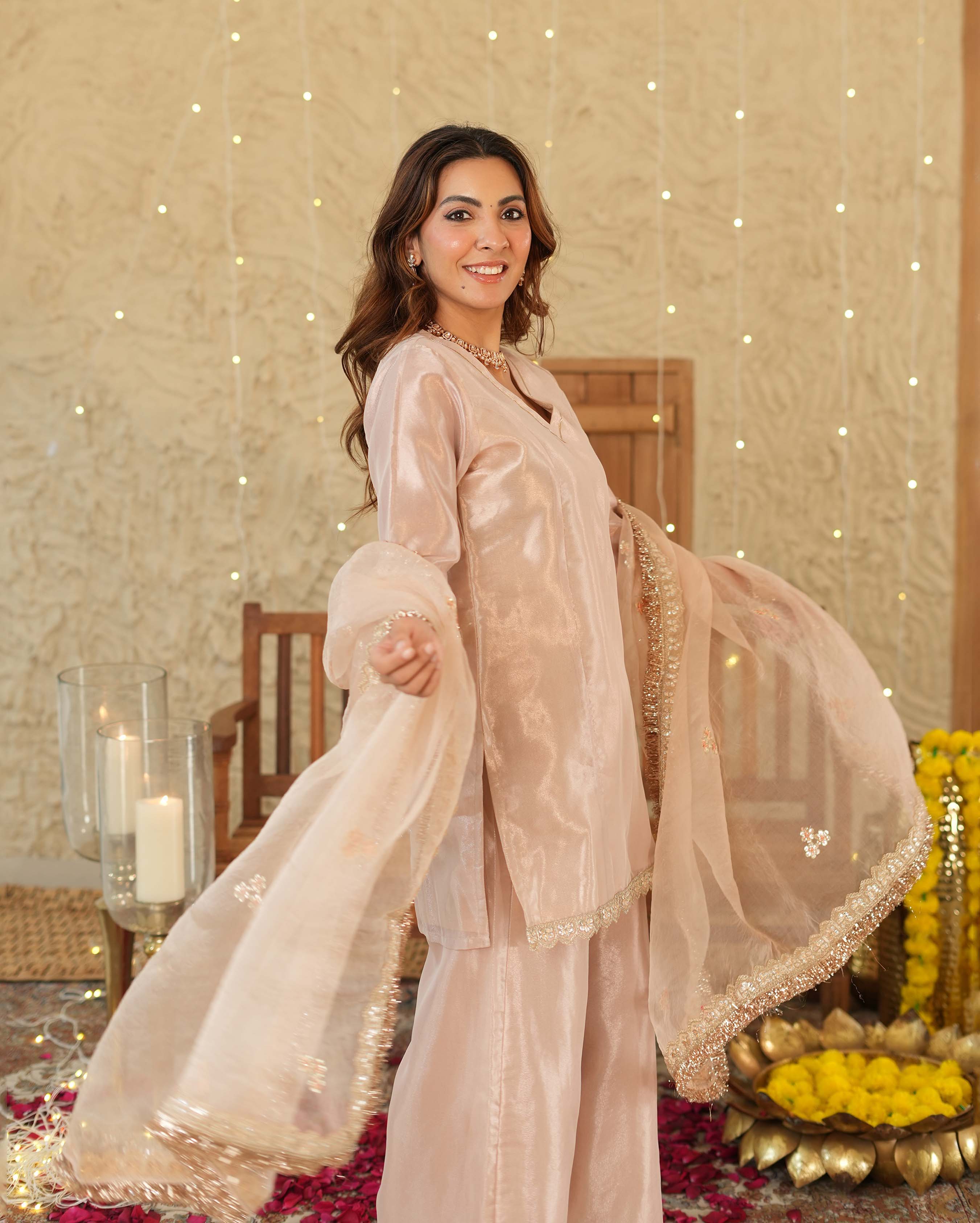 Pataka Beige Solid Tissue Suit Set - Image 2