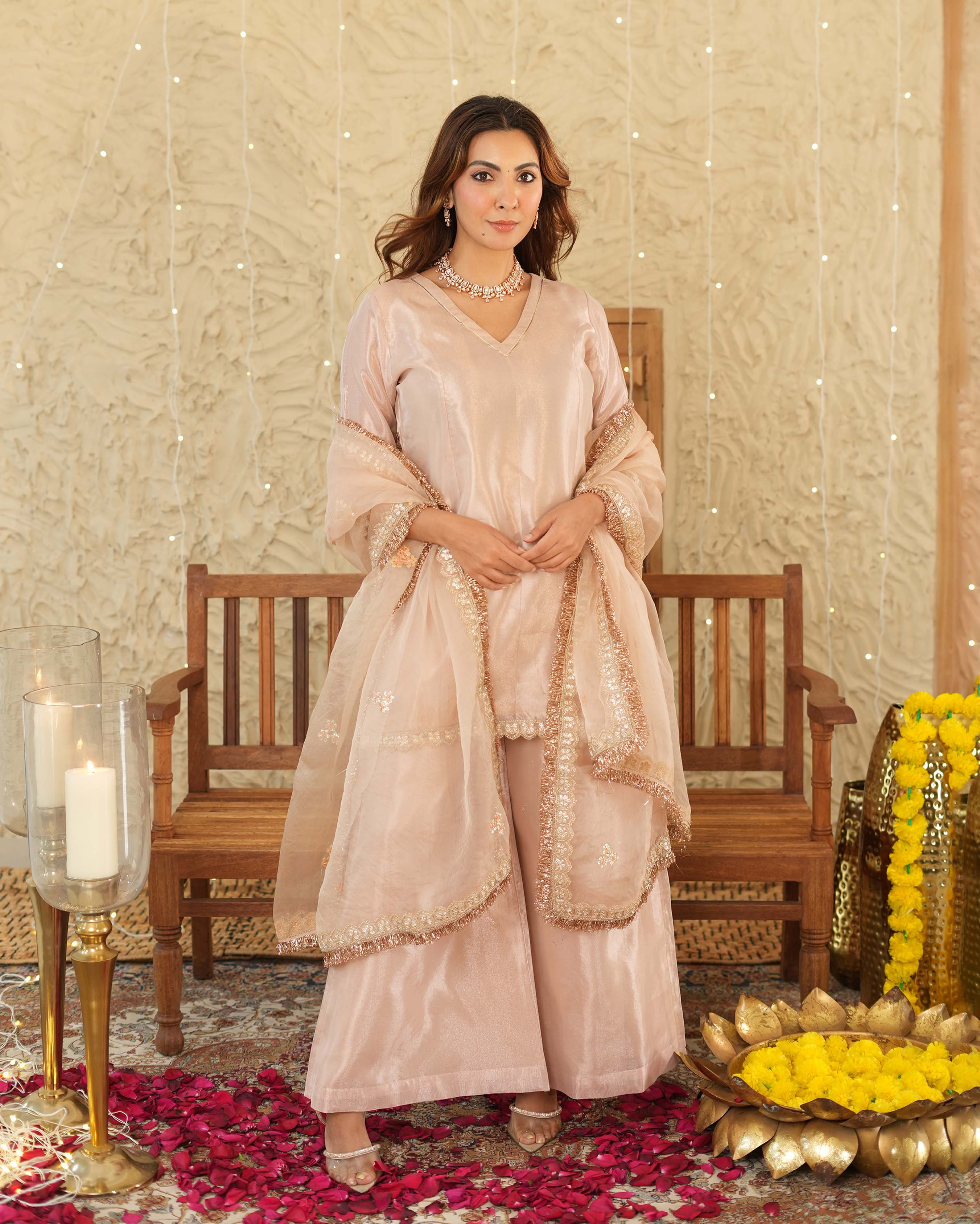 Pataka Beige Solid Tissue Suit Set - Image 3