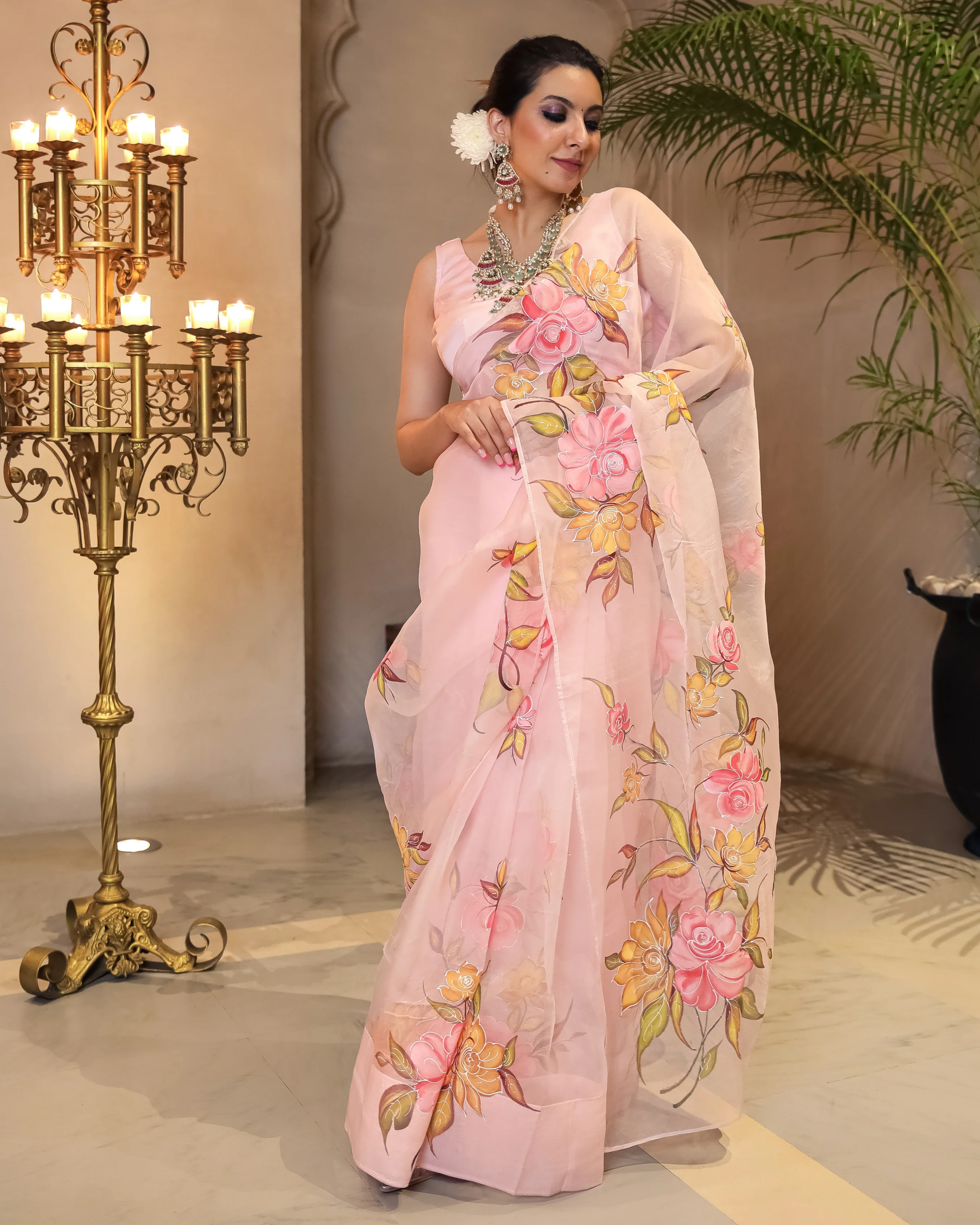 Peach Aura Embellished Handpainted Organza Silk Saree - Image 6
