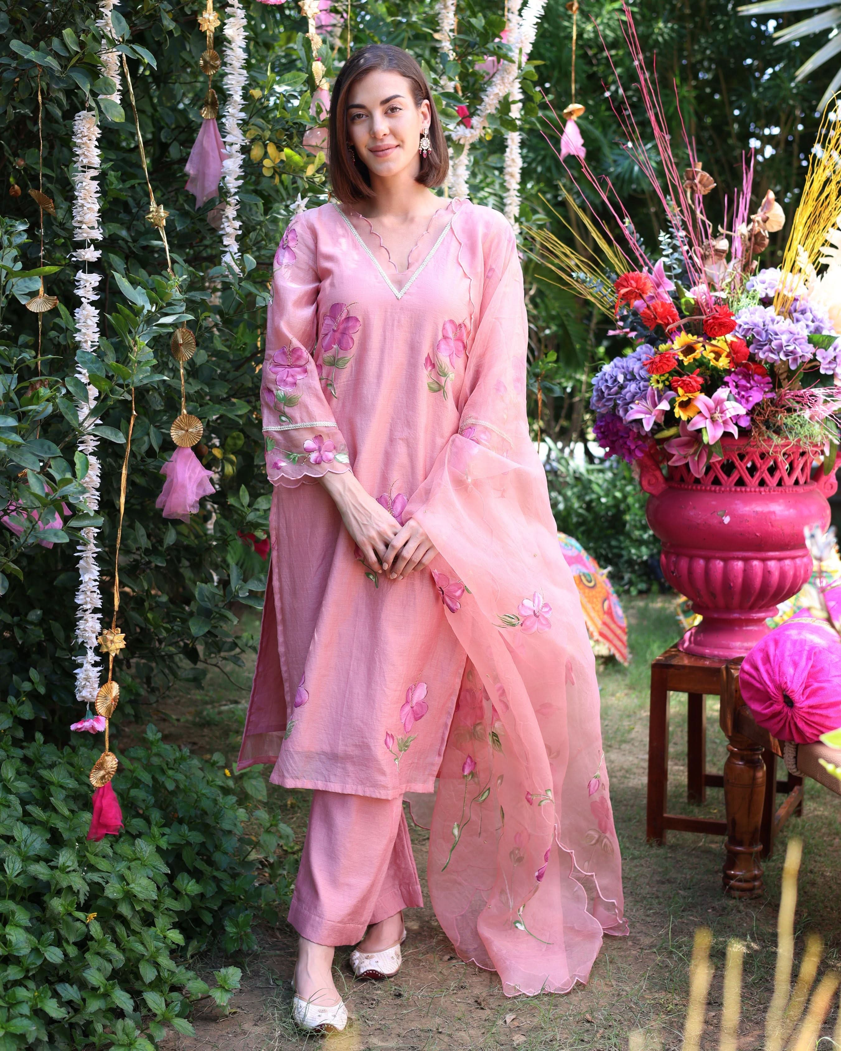 Peach Dream Handpainted Chanderi Suit Set - Image 4
