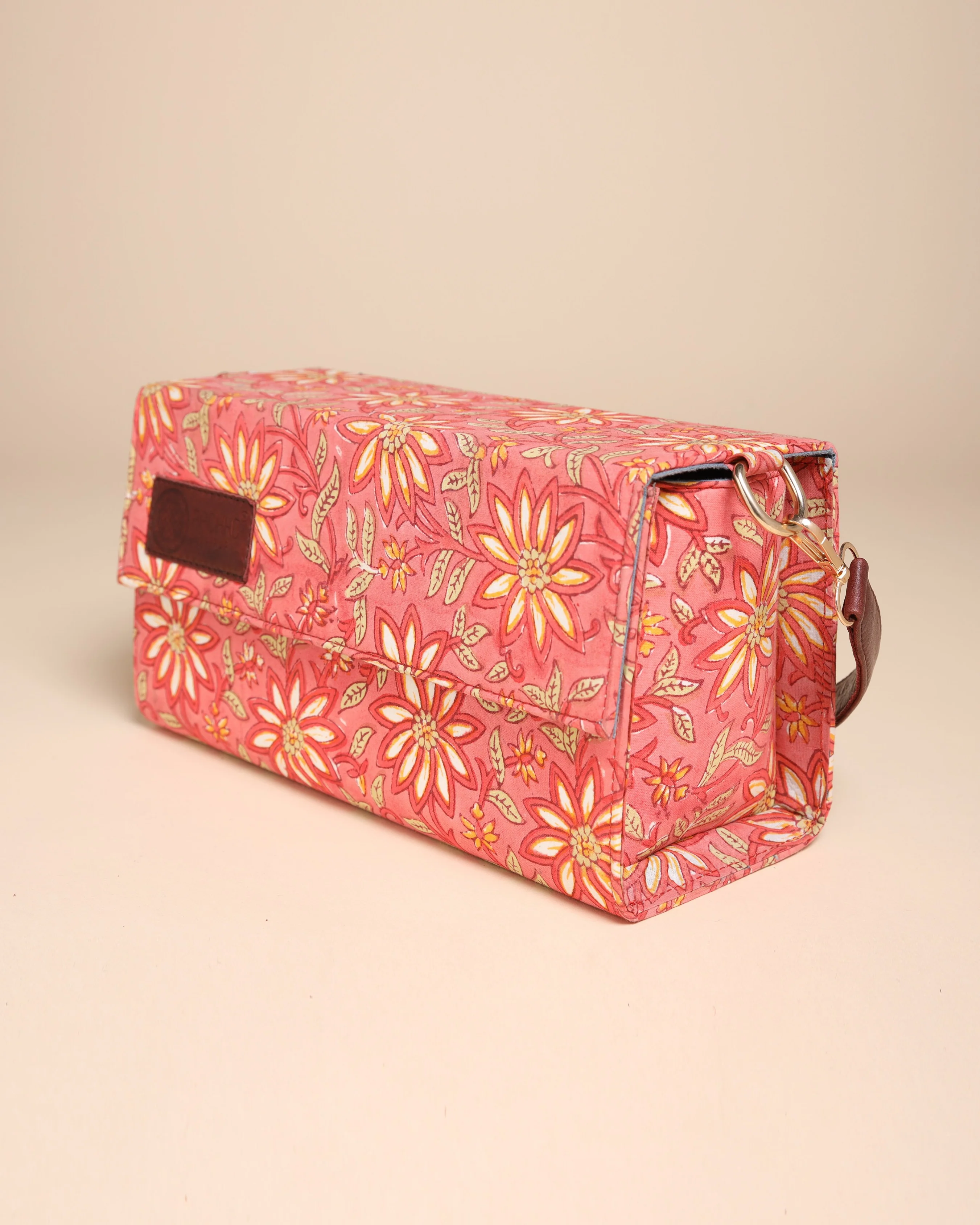 Peach Floral Handblock Printed Satchel Bag - Image 3