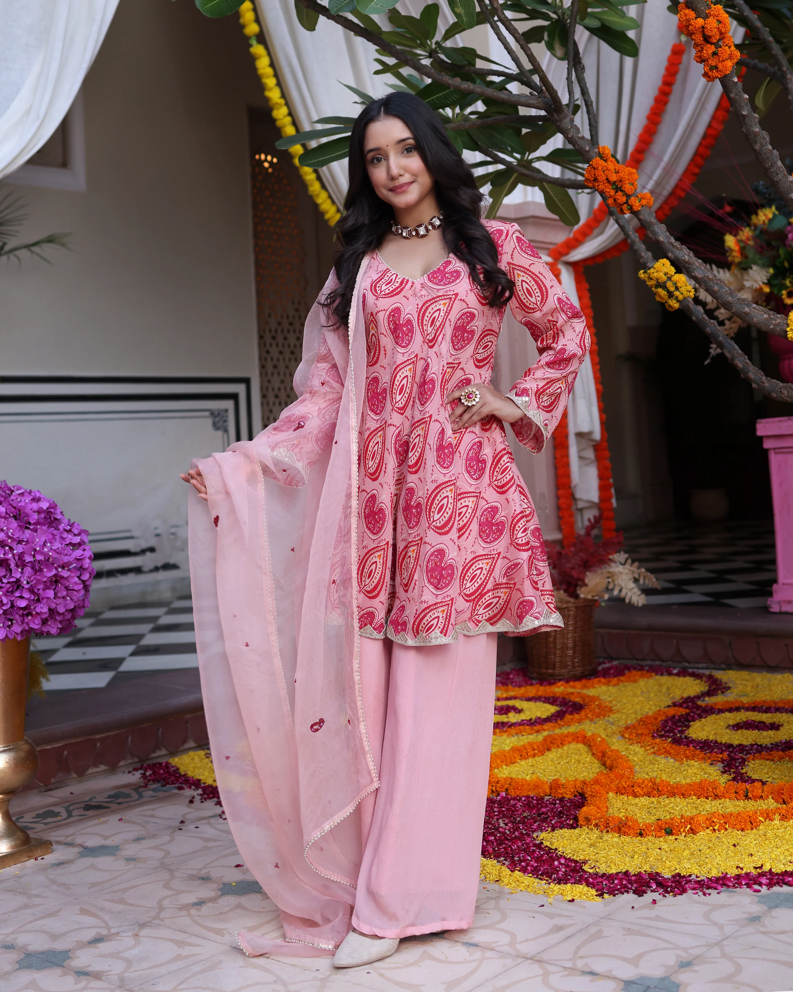 Petal Pink Bouquet Printed Chinon Suit Set - Image 8