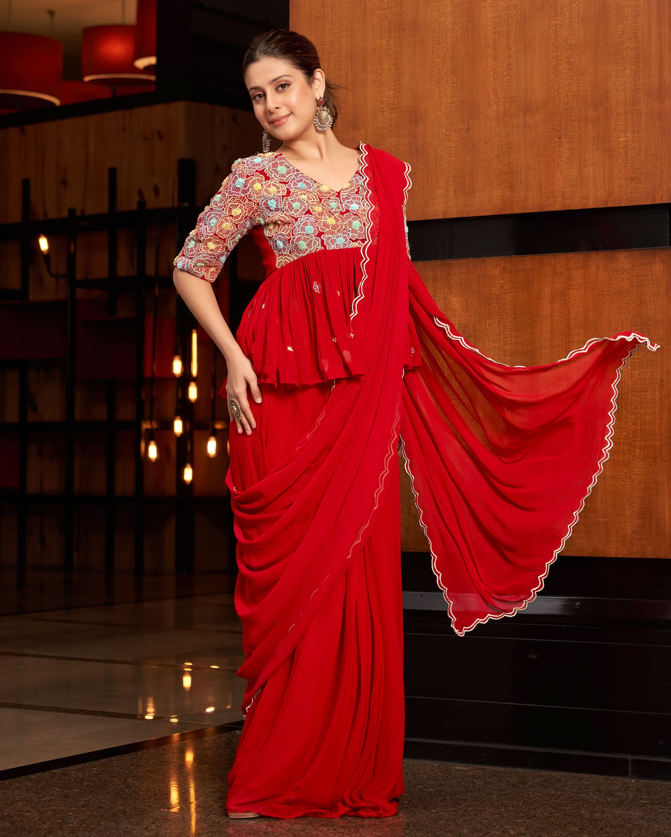 Phool Red Embroidered Georgette Pre Draped Saree - Image 2