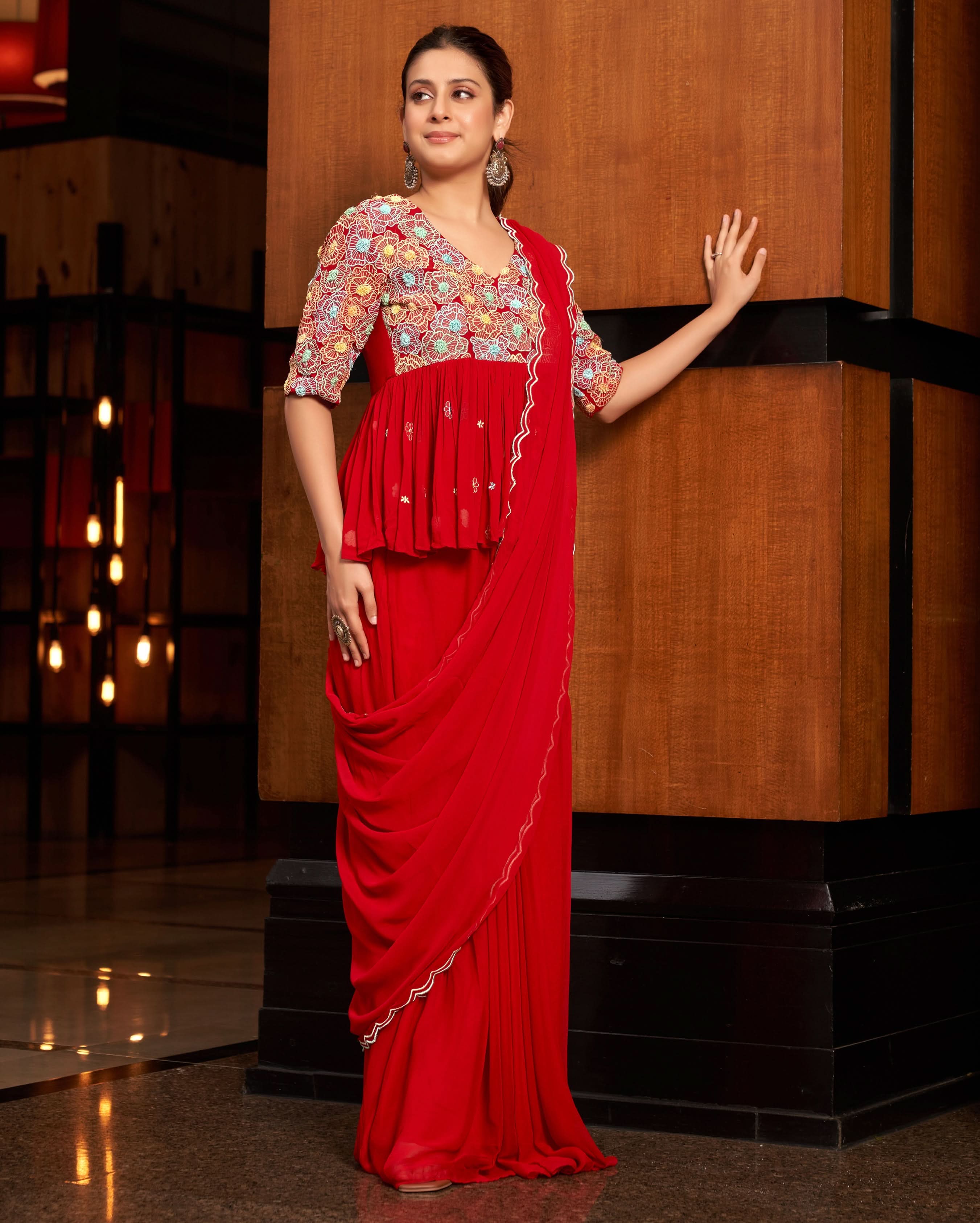 Phool Red Embroidered Georgette Pre Draped Saree - Image 5