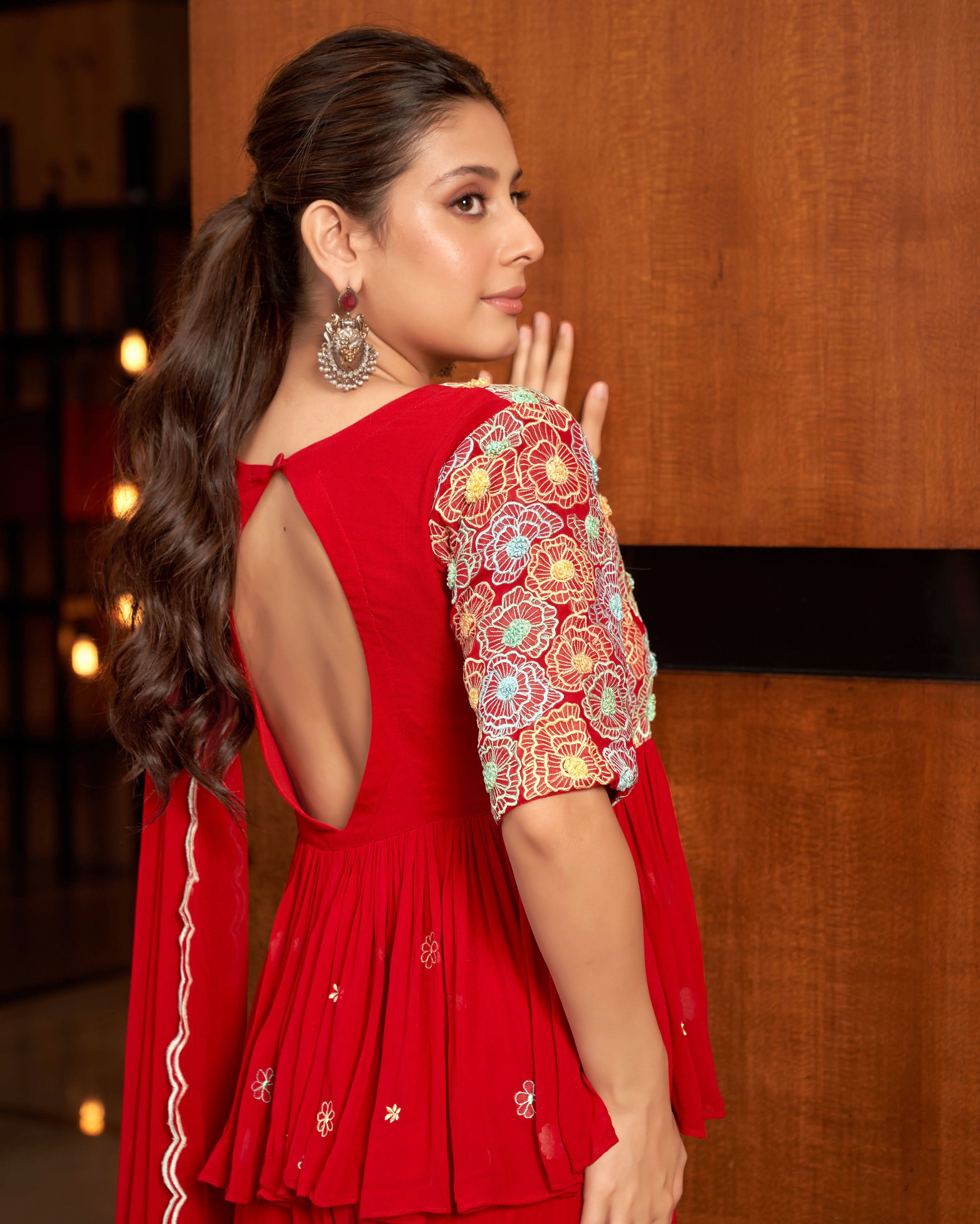 Phool Red Embroidered Georgette Pre Draped Saree - Image 6
