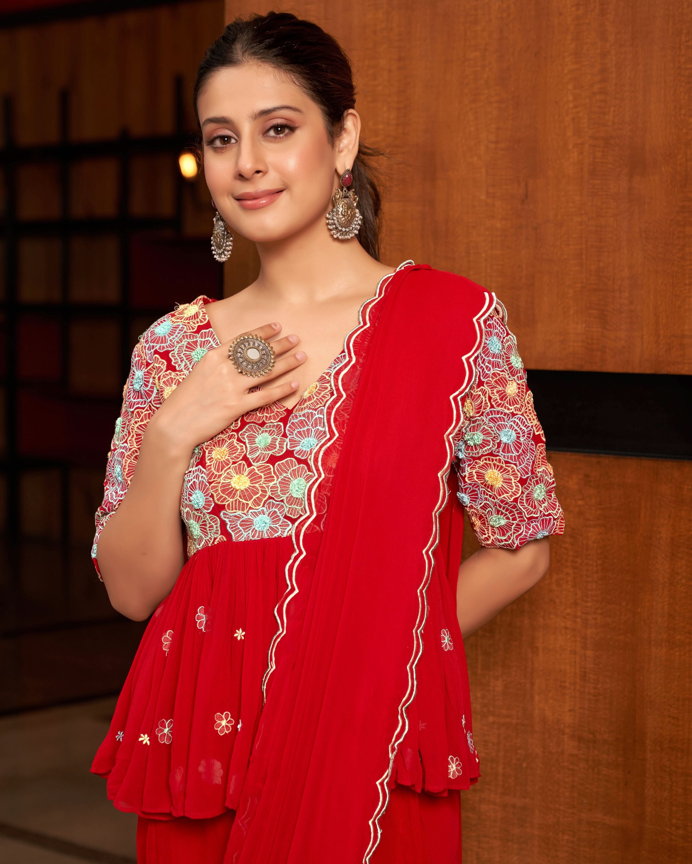 Phool Red Embroidered Georgette Pre Draped Saree - Image 7