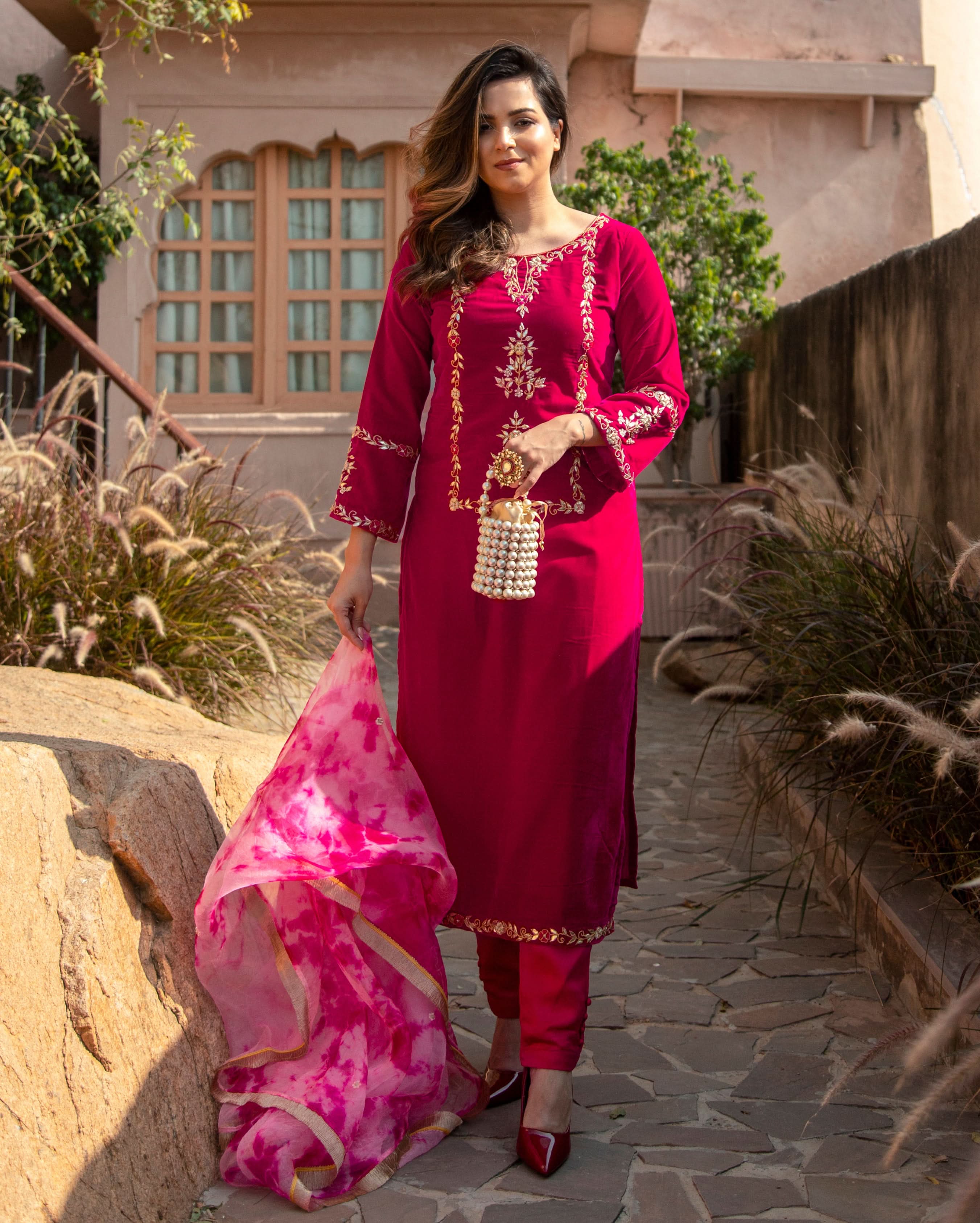 Pink Paradise Velvet Handcrafted Suit Set - Image 4