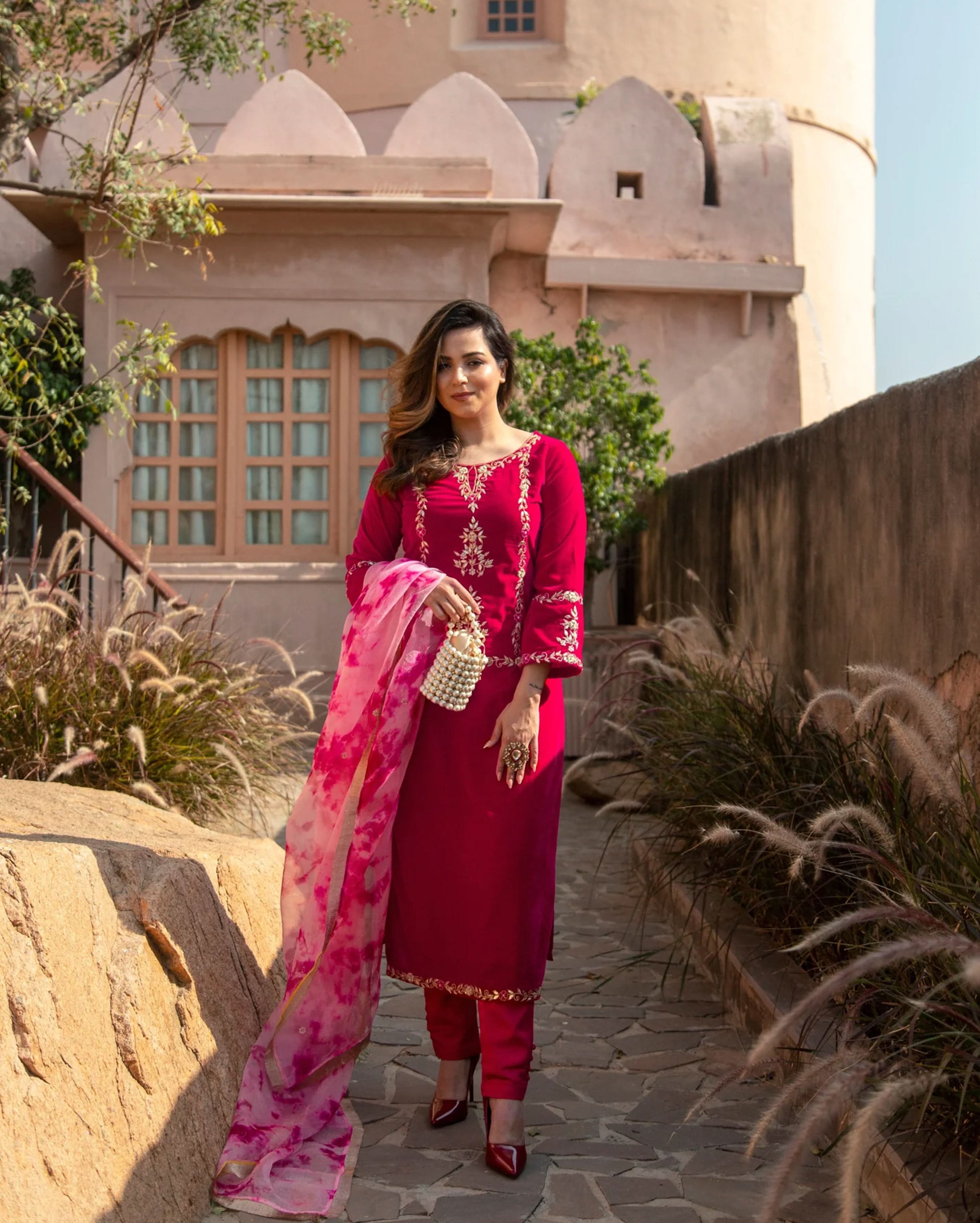 Pink Paradise Velvet Handcrafted Suit Set - Image 6