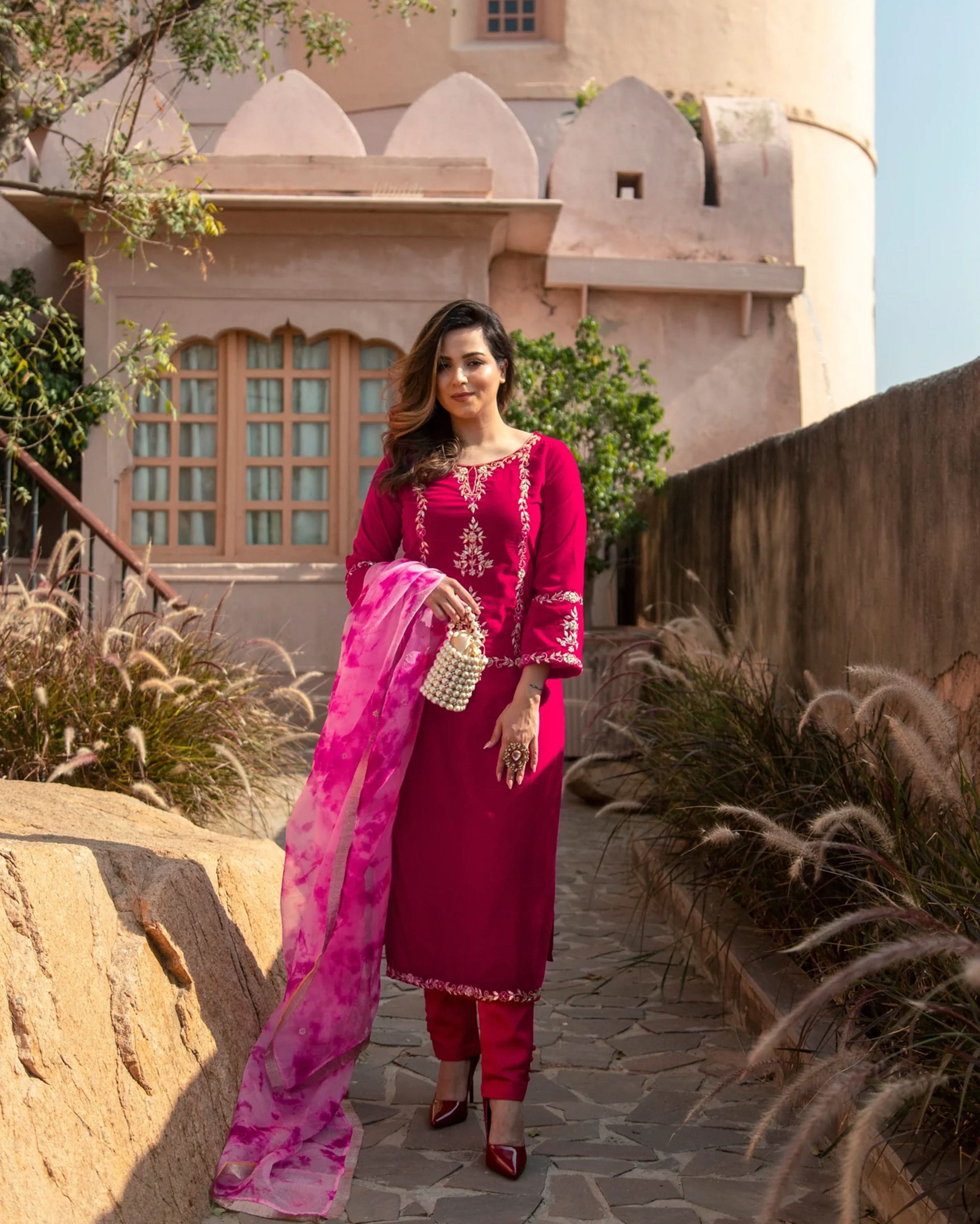 Pink Paradise Velvet Handcrafted Suit Set - Image 7