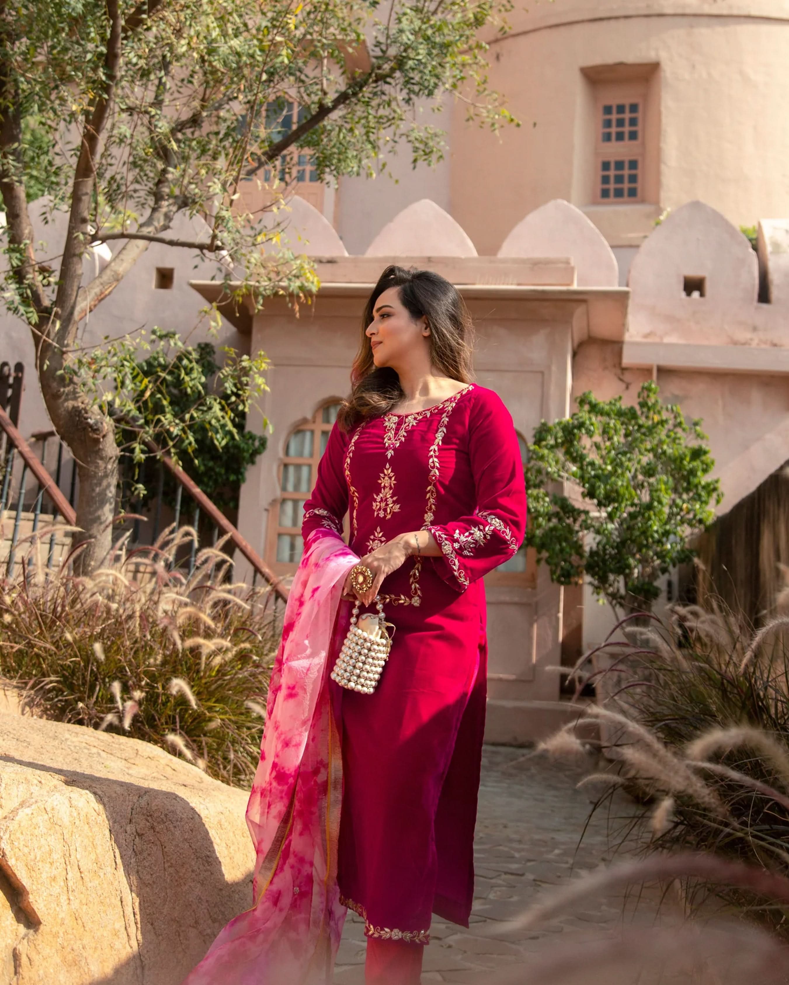 Pink Paradise Velvet Handcrafted Suit Set - Image 9