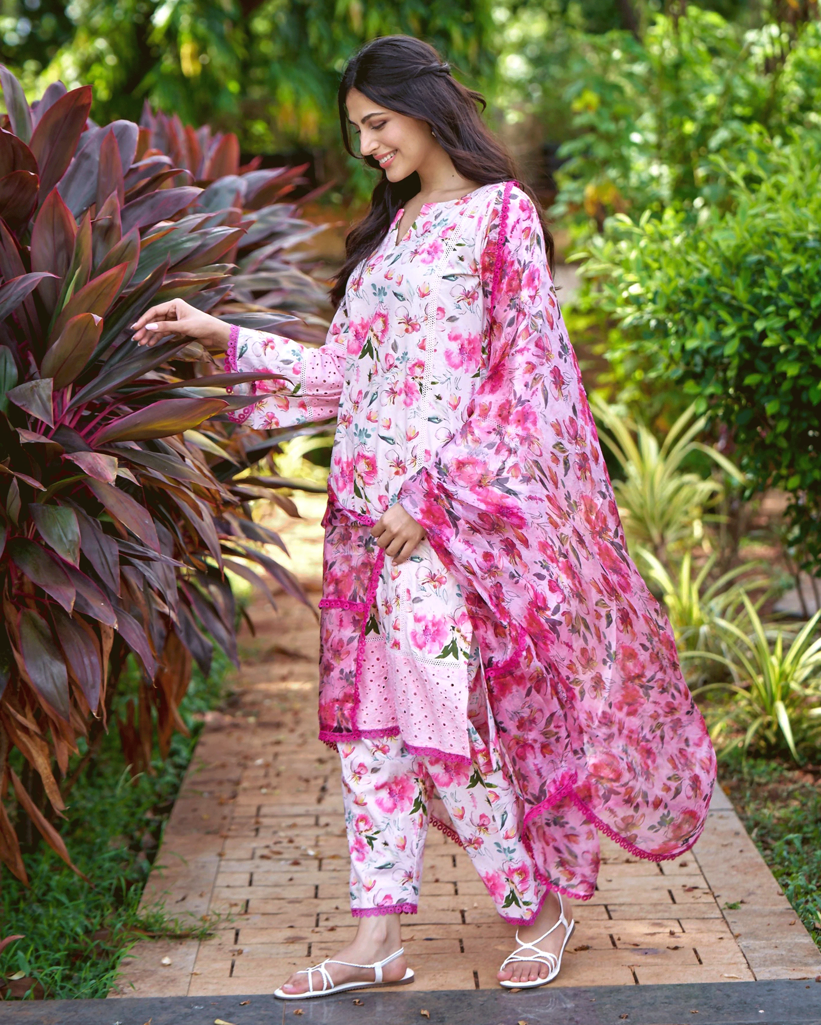 Plumeria Pink Printed Cotton Suit Set - Image 4