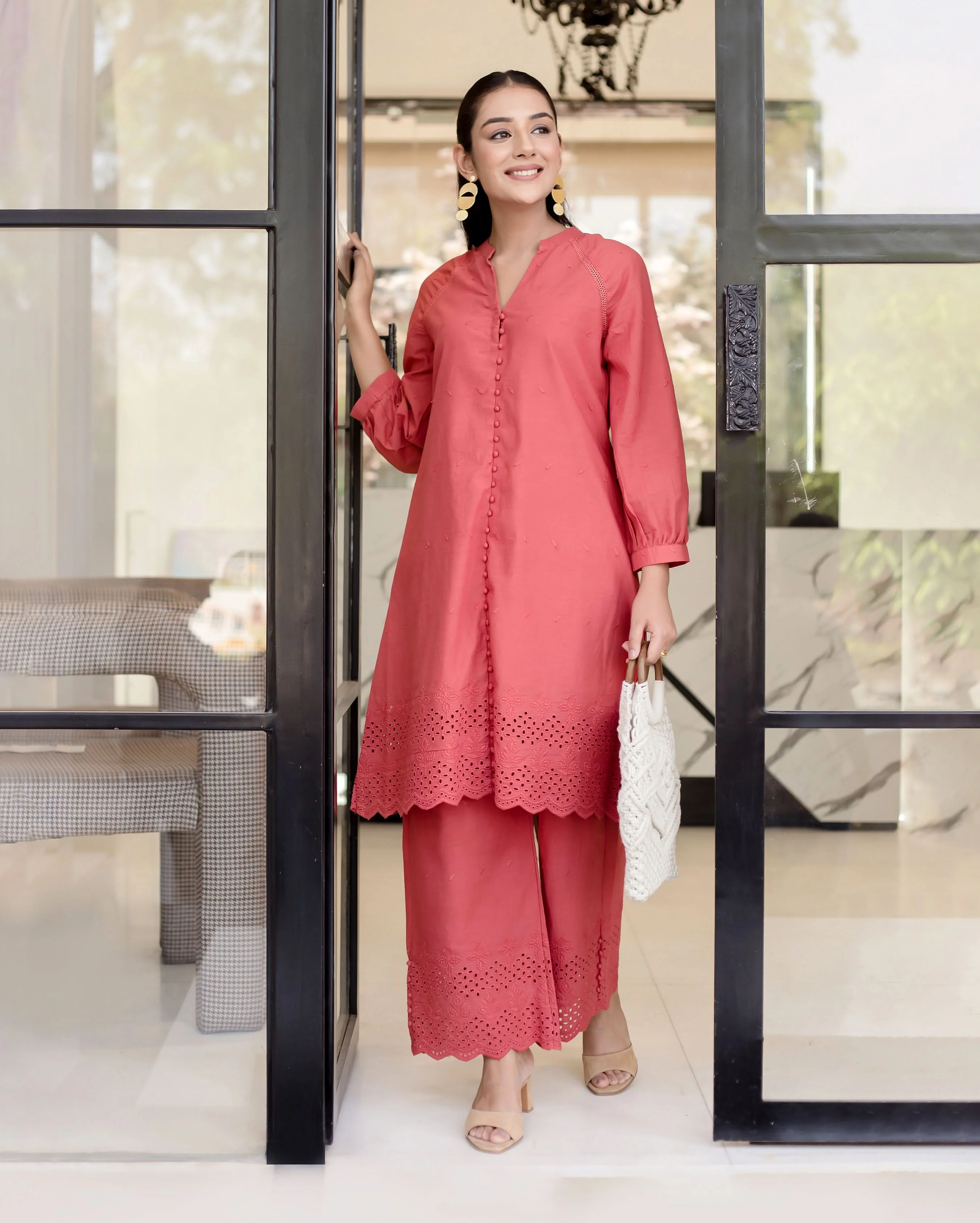 Poppies Red Solid Cotton Schiffli Coord Set - Image 2
