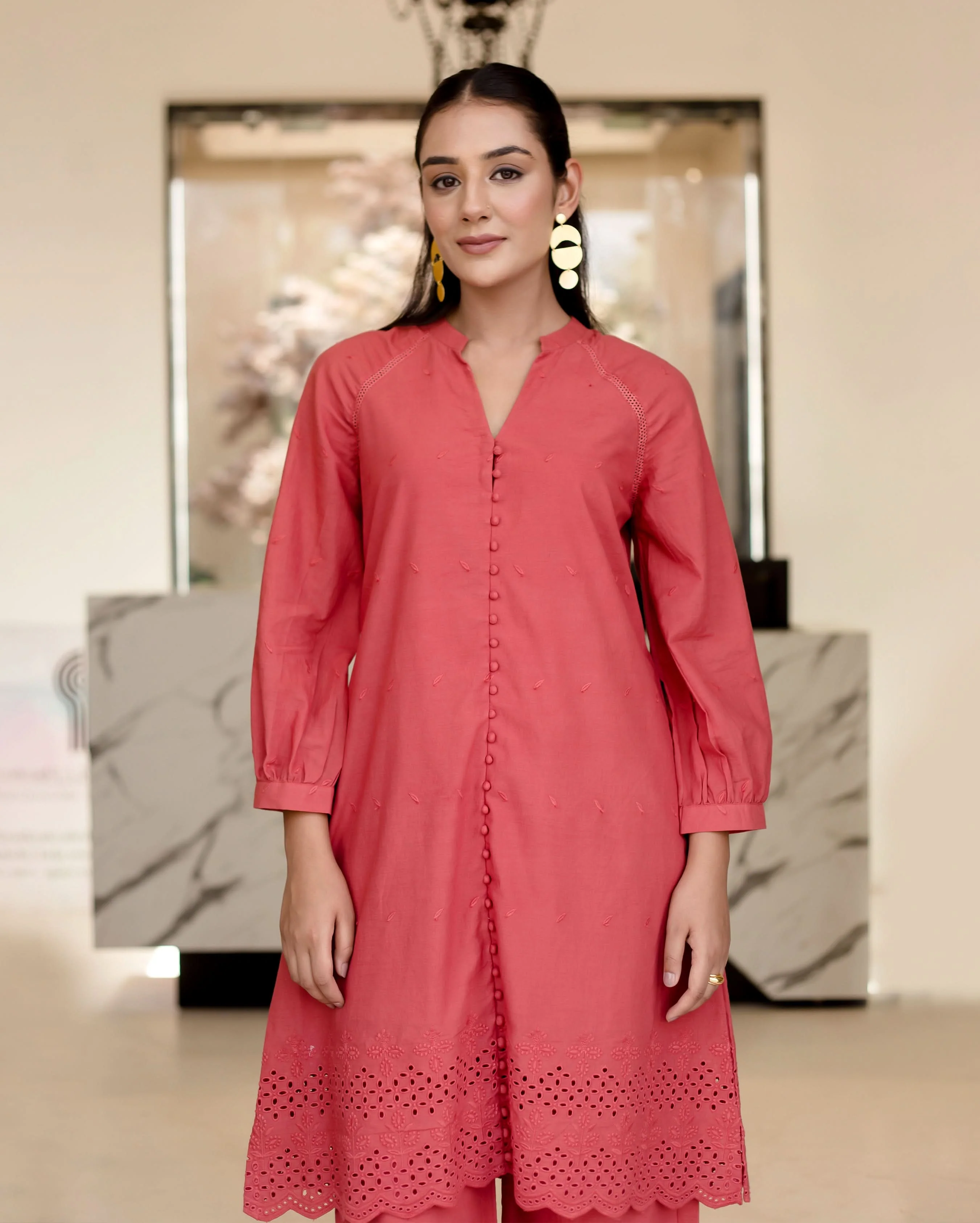 Poppies Red Solid Cotton Schiffli Coord Set - Image 3