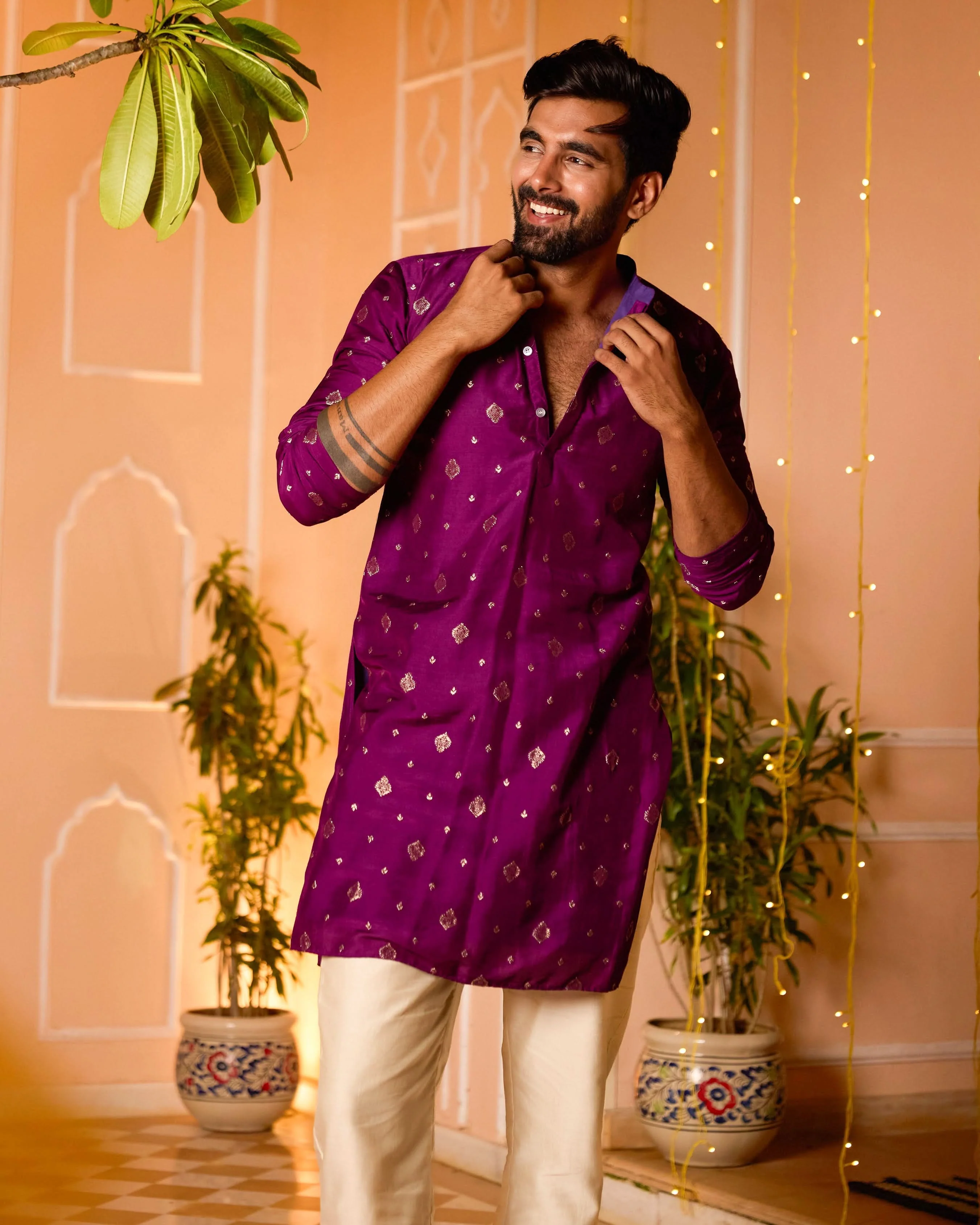 Prakashit Purple Jacquard Kurta - Image 4