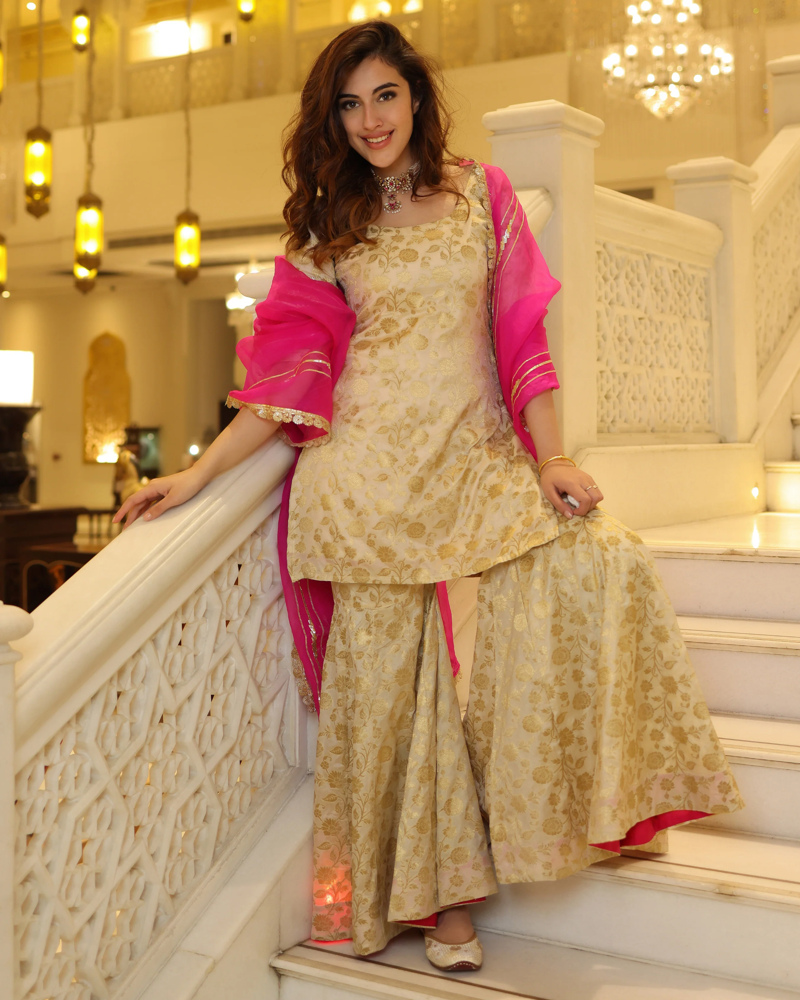 Promising Gold Brocade Sharara Set - Image 6