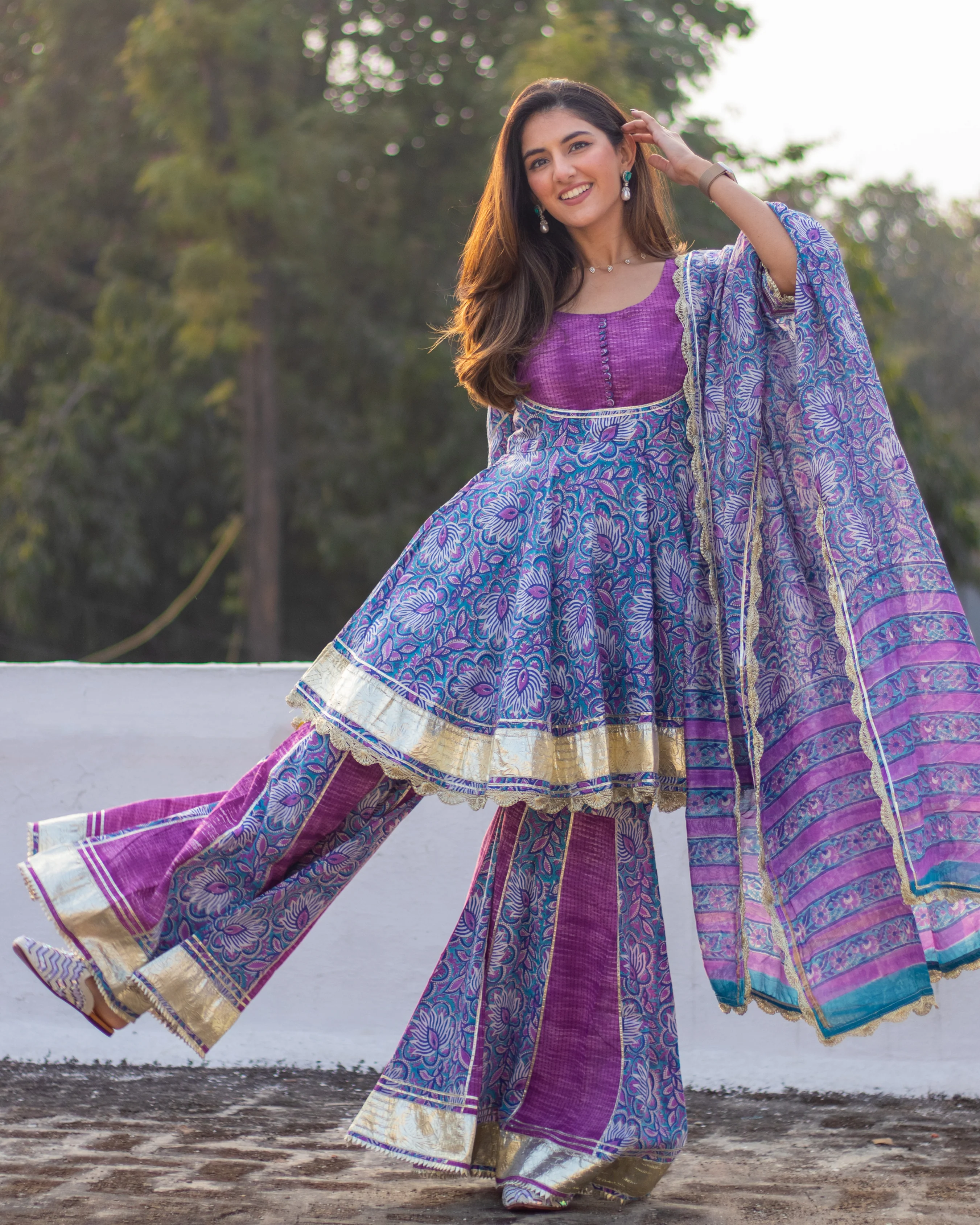 PURPLE ORCHID HANDBLOCK SHARARA SET - Image 9