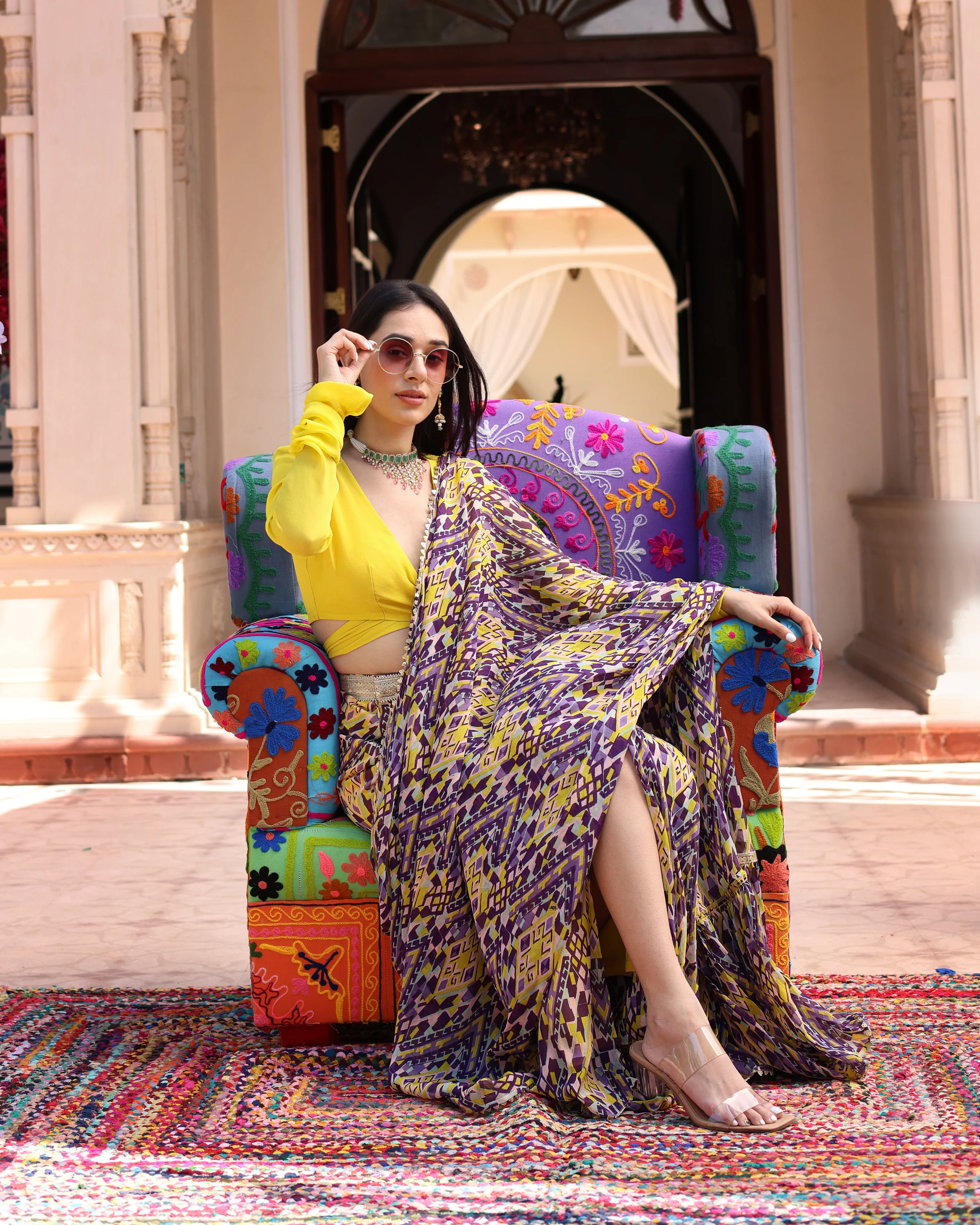 Purple Yellow Melody Printed Chinon Pre Draped Saree - Image 2