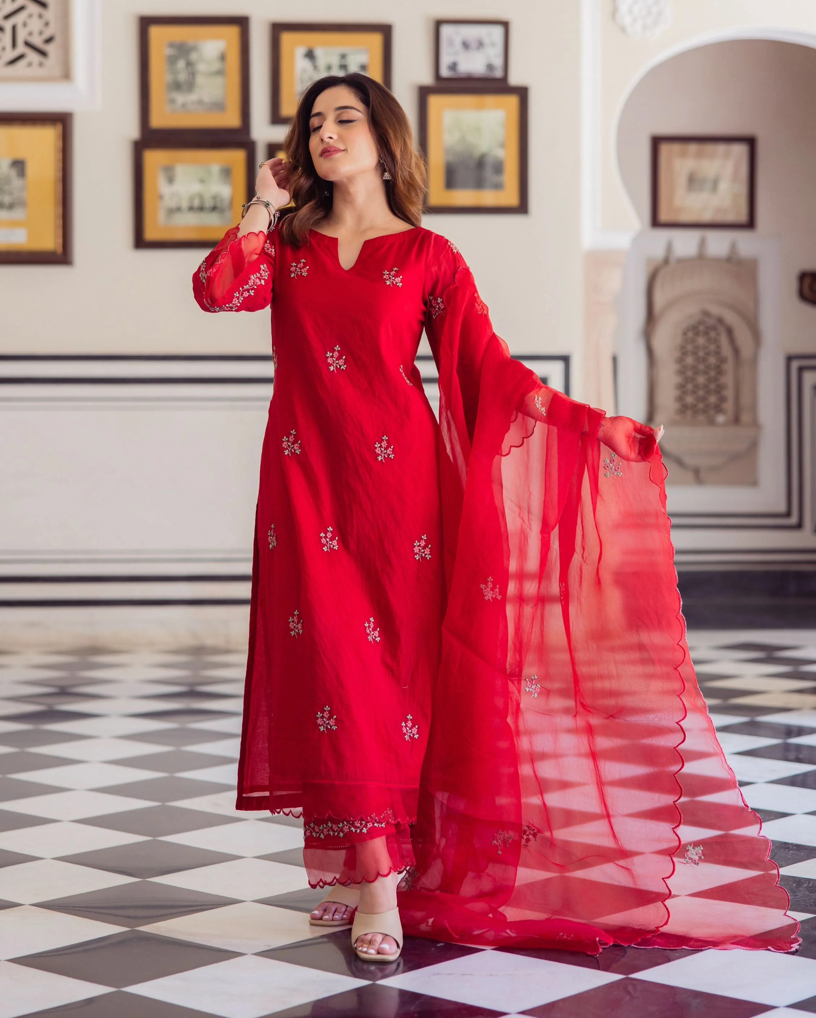 Radhika Red Embroidered Chanderi Suit Set - Image 4
