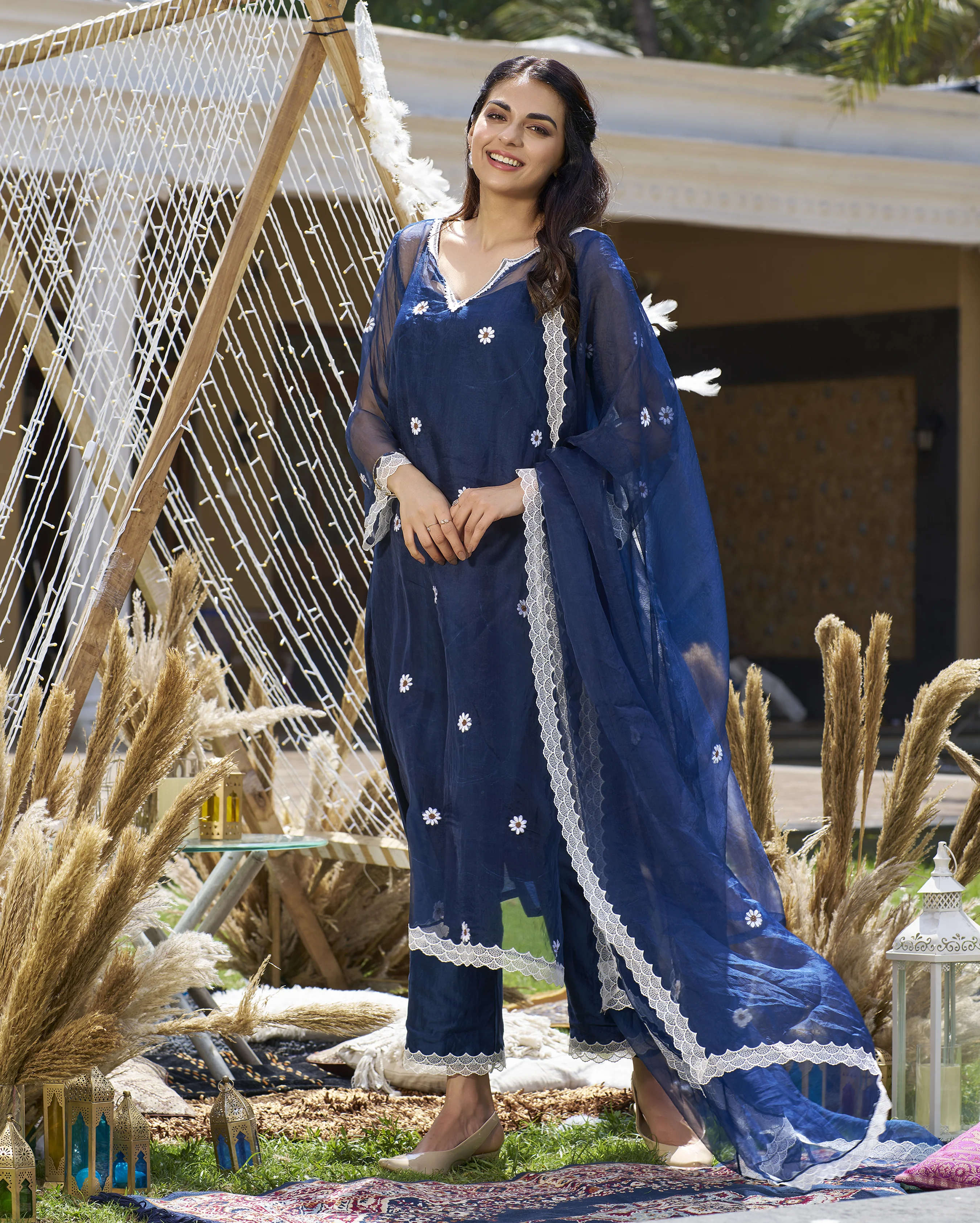 Raffia Blue Embroidered Organza Kurta Set - Image 2