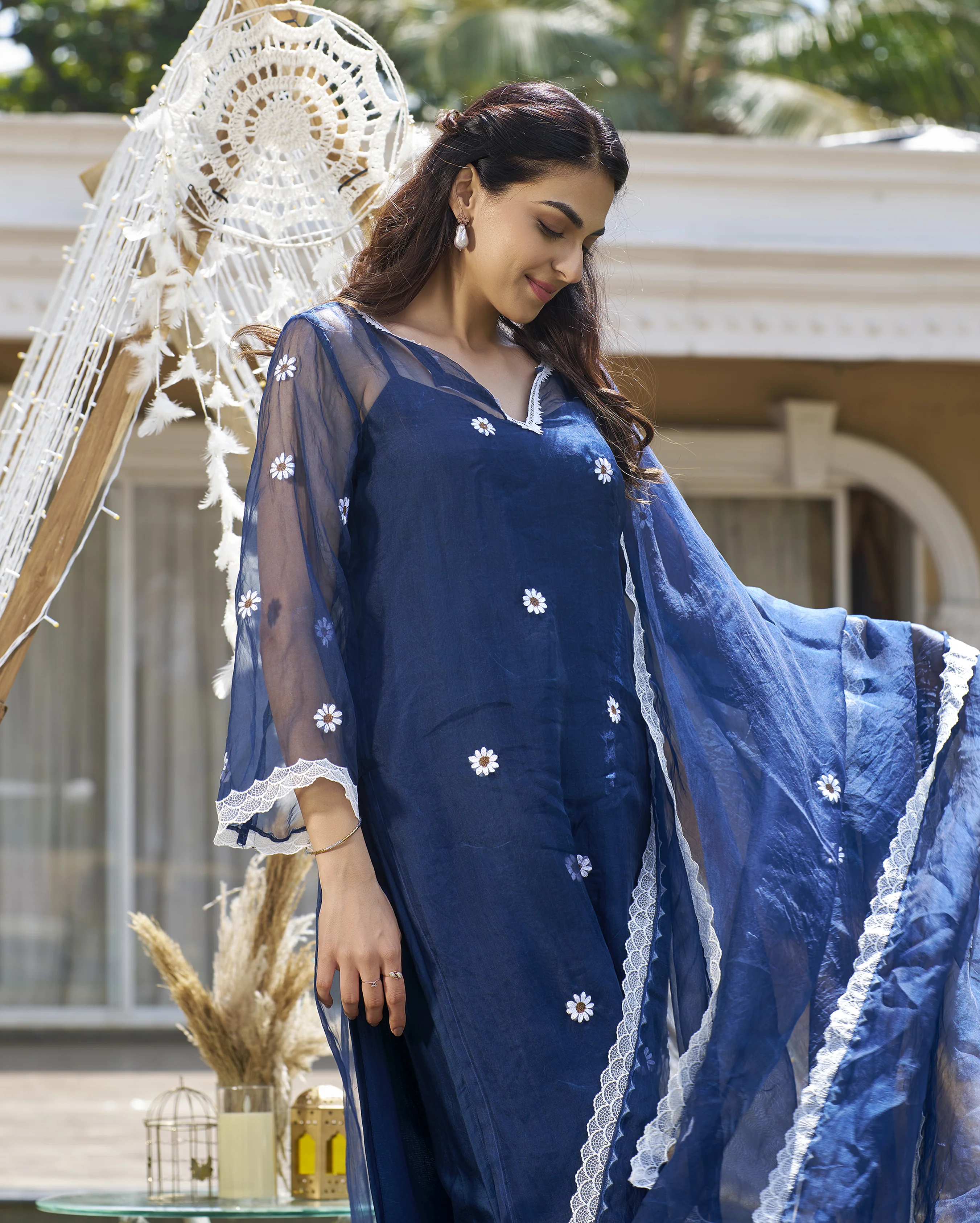 Raffia Blue Embroidered Organza Kurta Set - Image 3