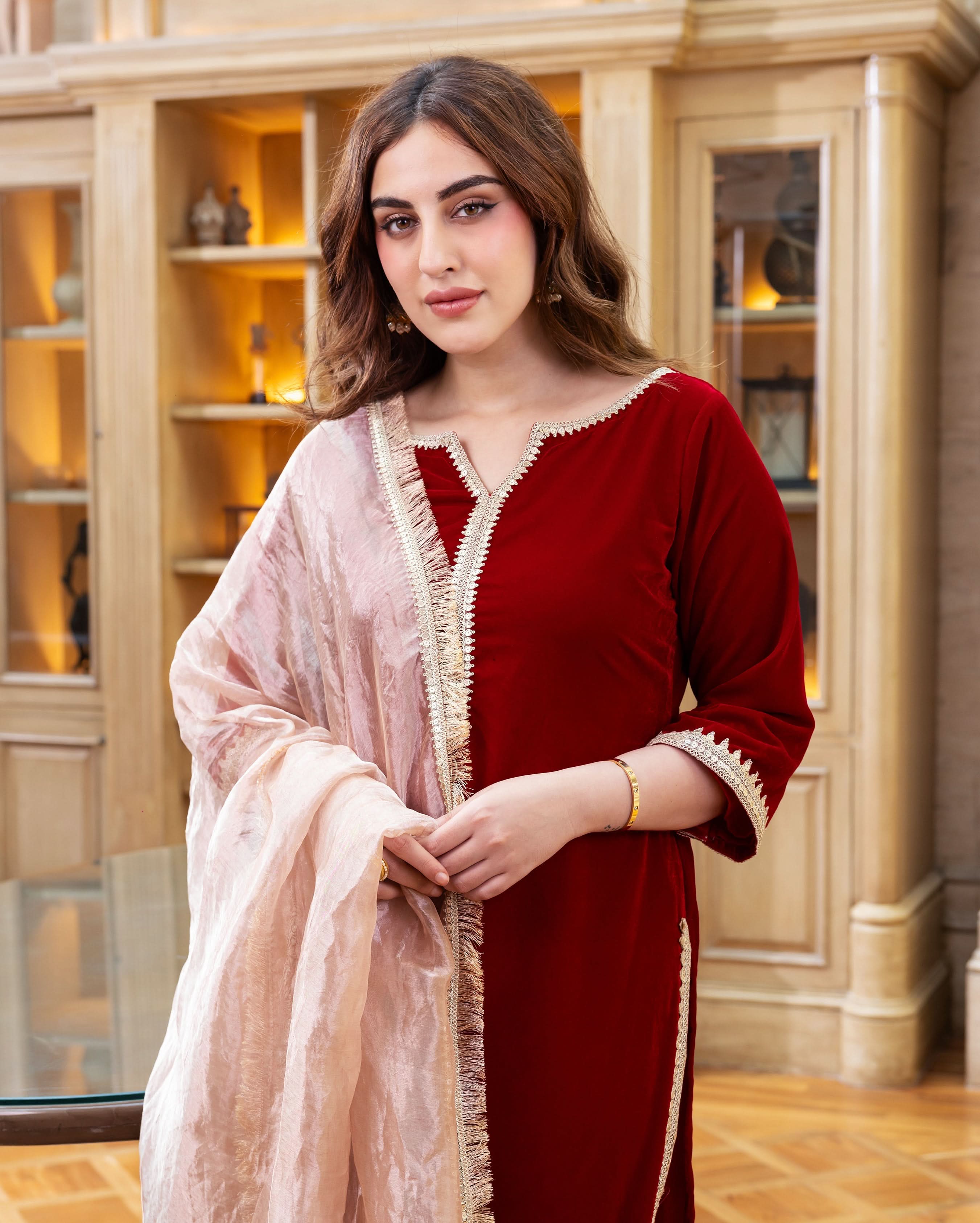 Raha Red Solid Velvet Suit Set - Image 3