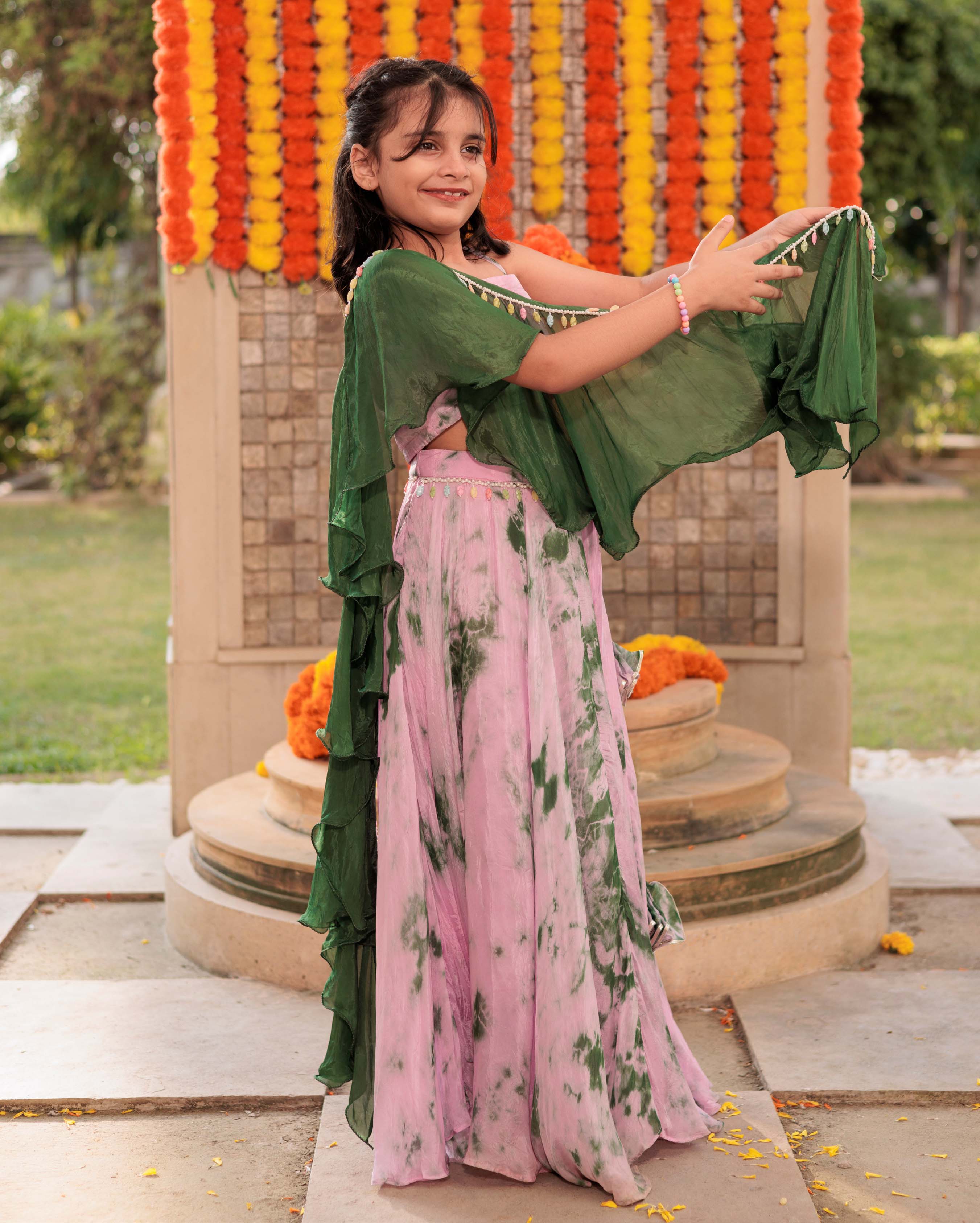 Rainbow Ripple Pink Green Tie Dye Silk Lehenga set - Image 4