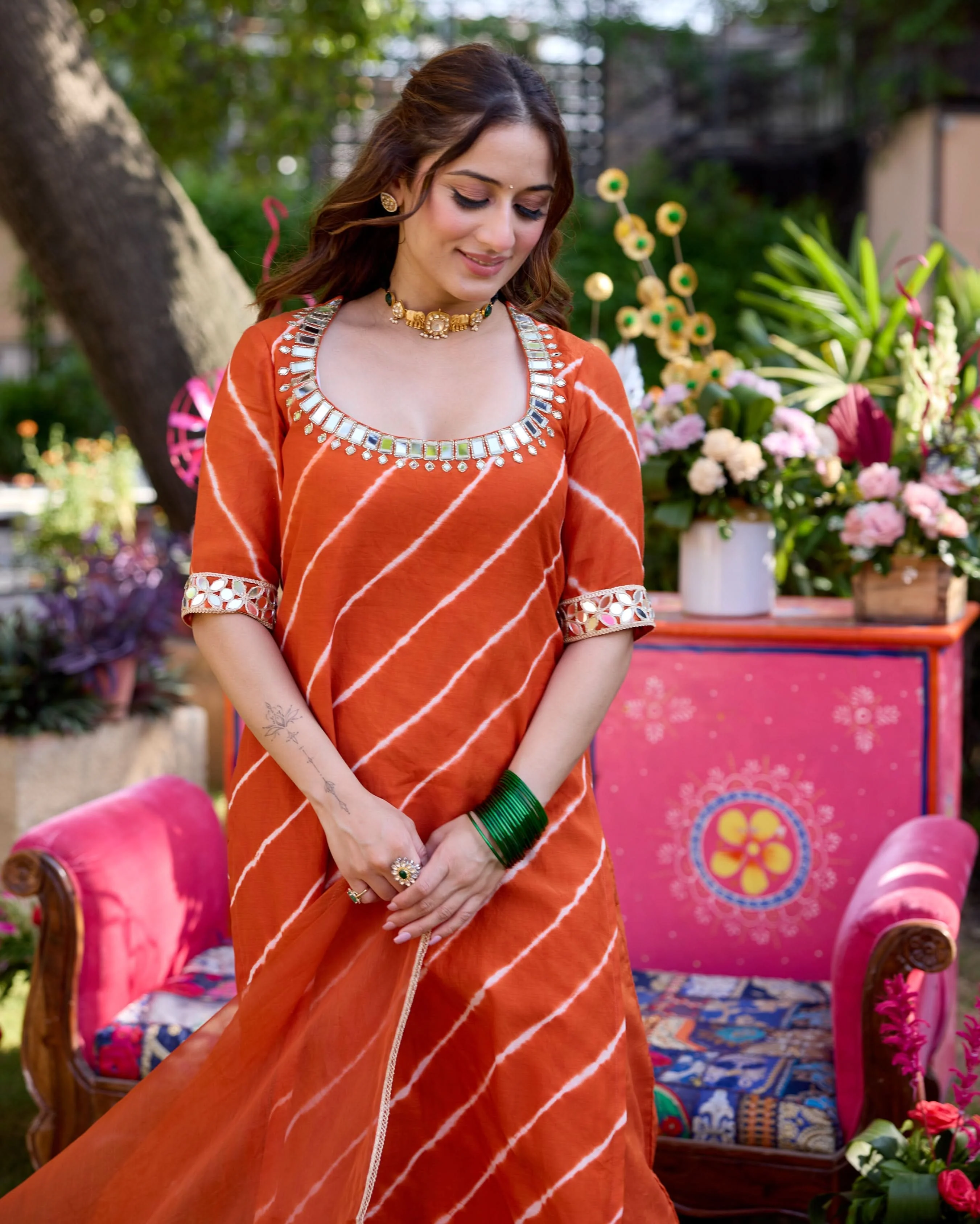 Raksha Orange Leheriya Cotton Suit Set - Image 5