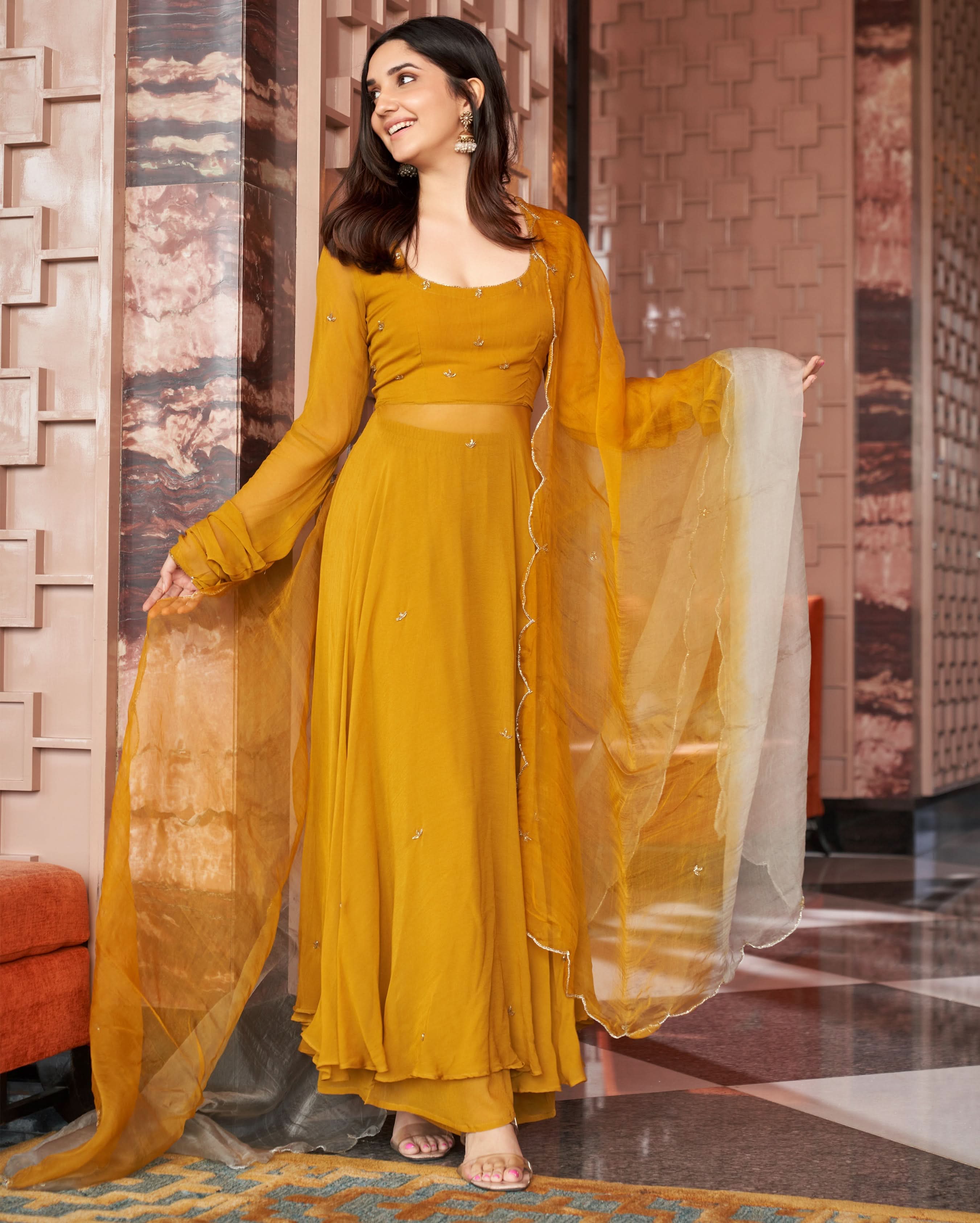 Rangat Mustard Yellow Embroidered Georgette Suit Set - Image 2